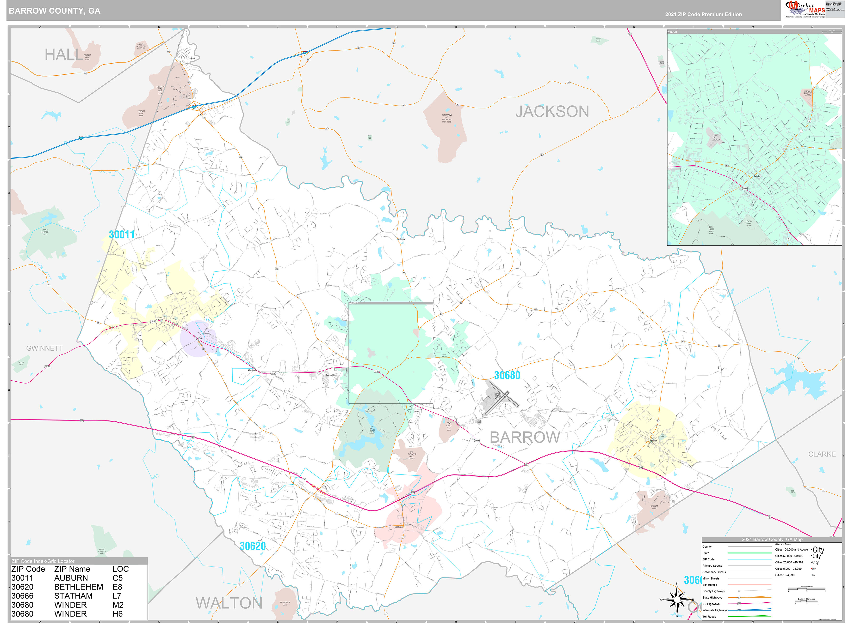Barrow County GA Wall Map Premium Style by MarketMAPS MapSales