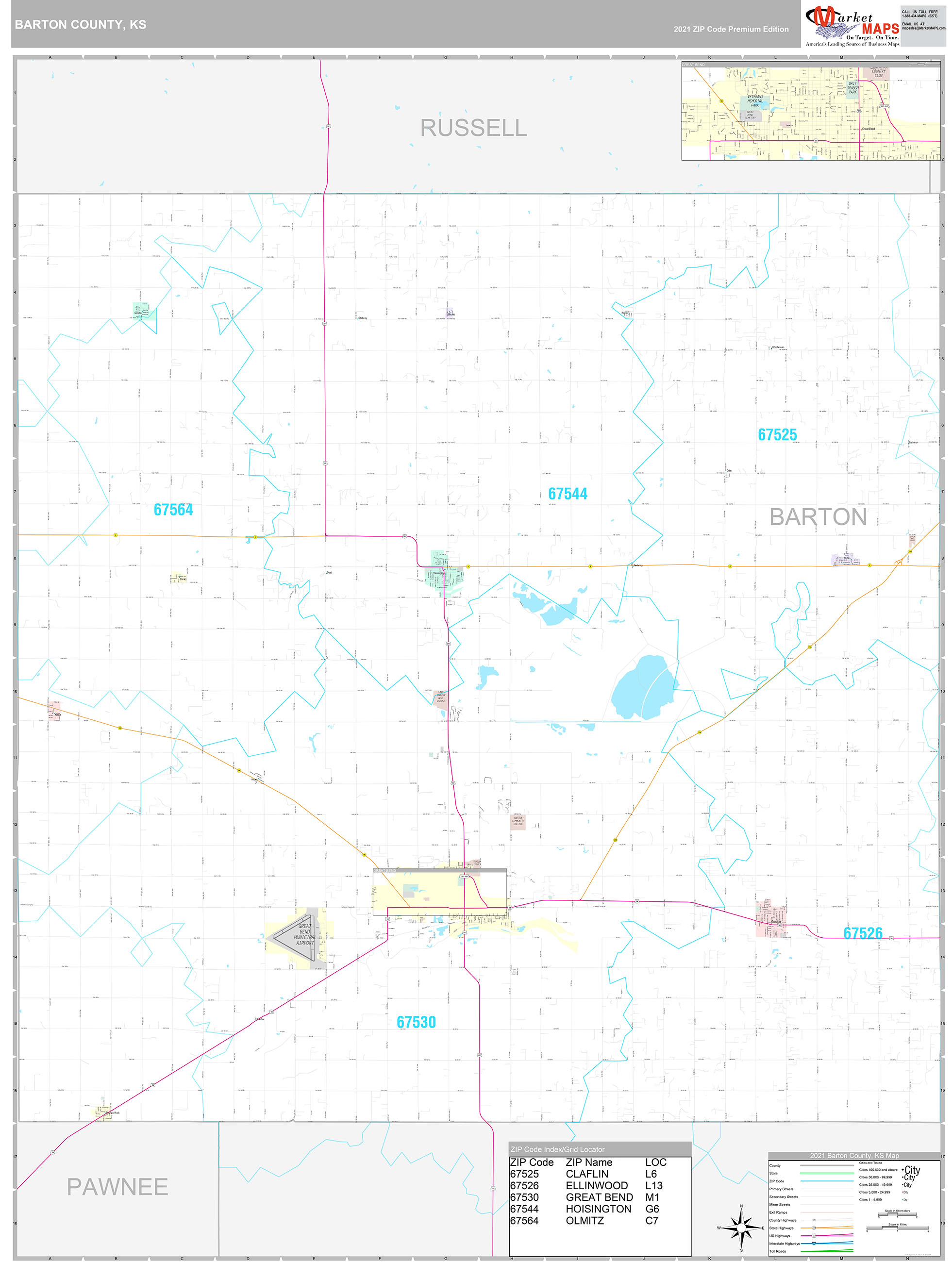 Barton County, KS Wall Map Premium Style by MarketMAPS MapSales