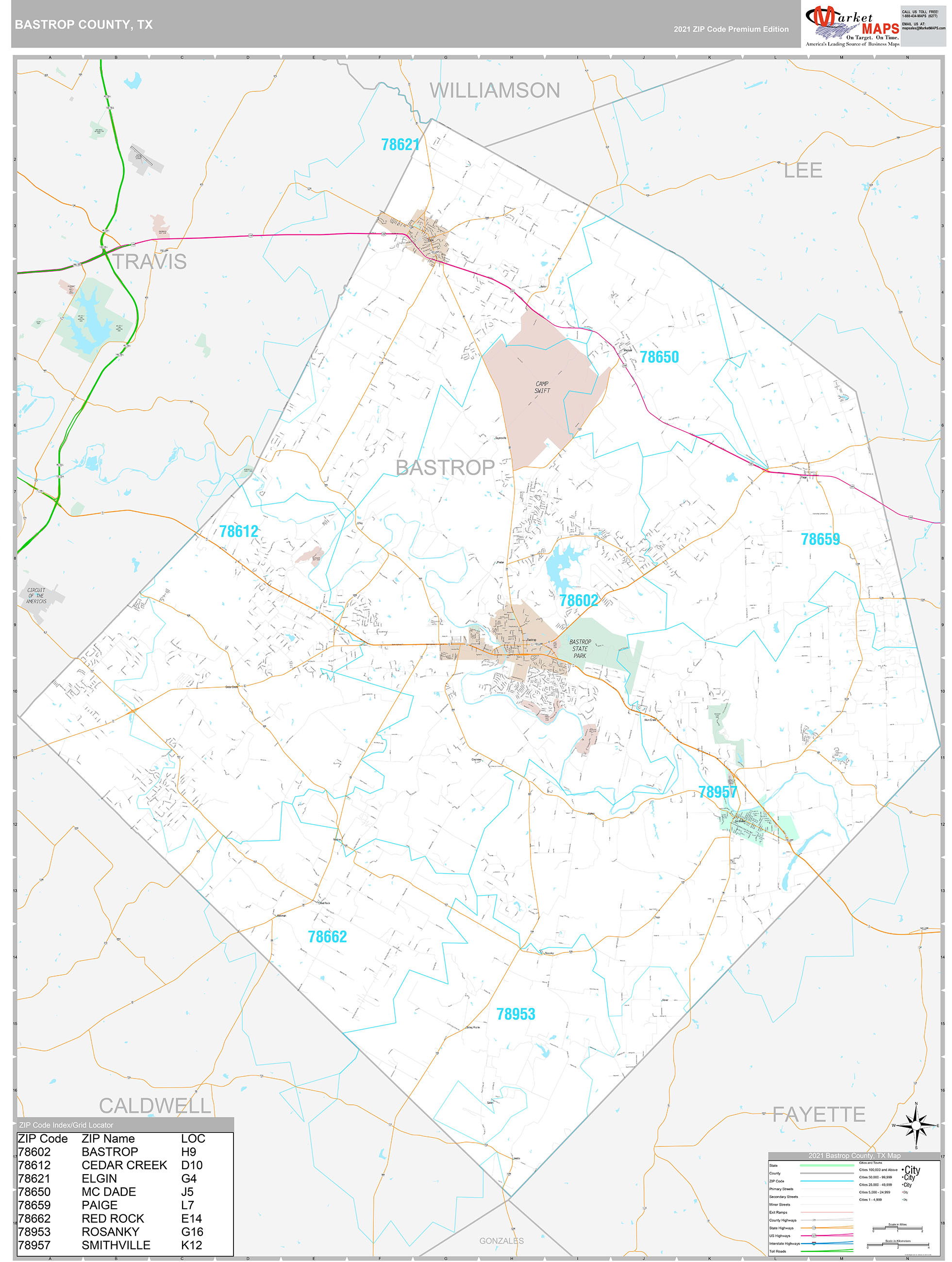 Bastrop County, TX Wall Map Premium Style by MarketMAPS