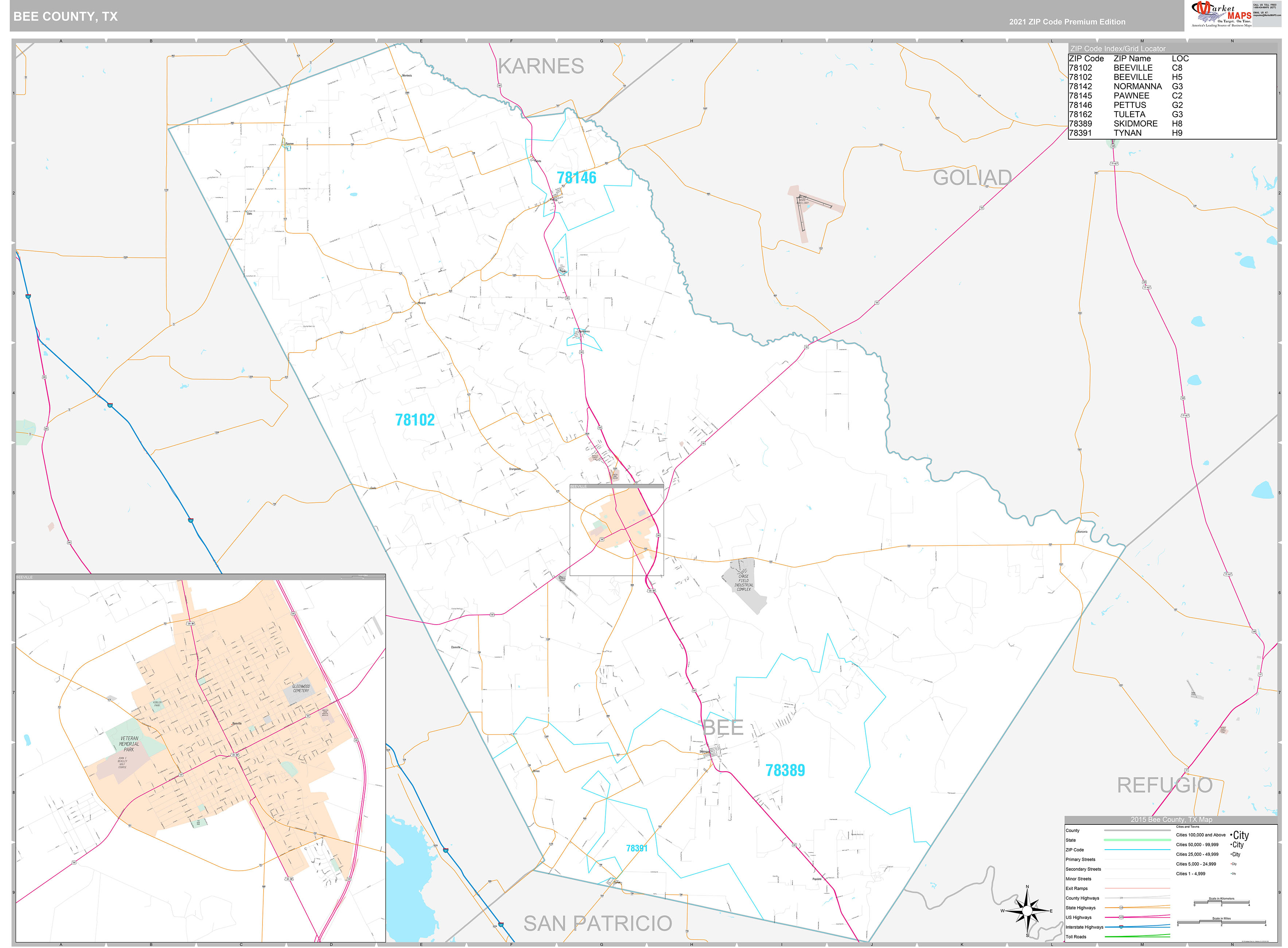 Bee County, TX Wall Map Premium Style by MarketMAPS