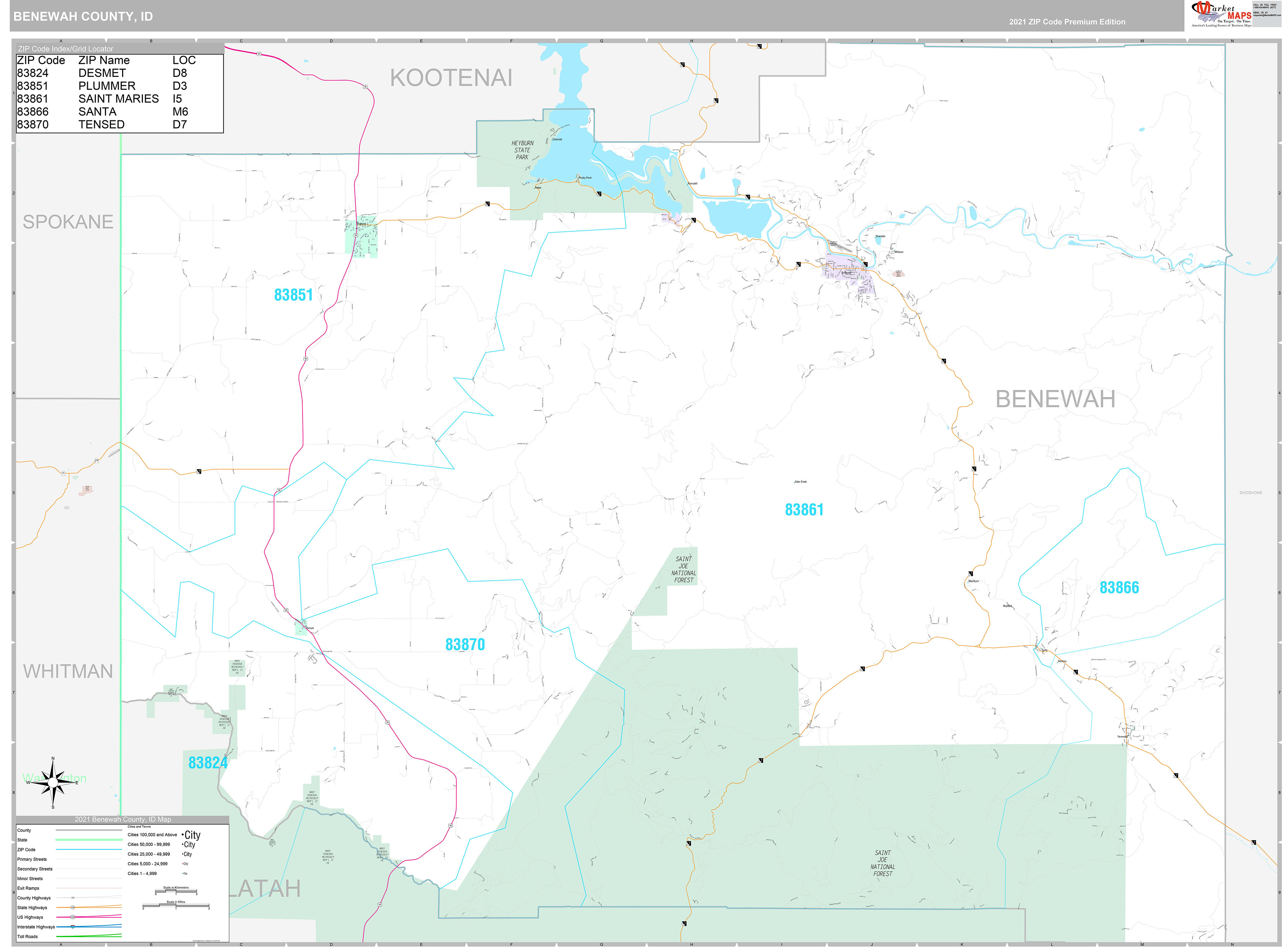 Benewah County, ID Wall Map Premium Style by MarketMAPS
