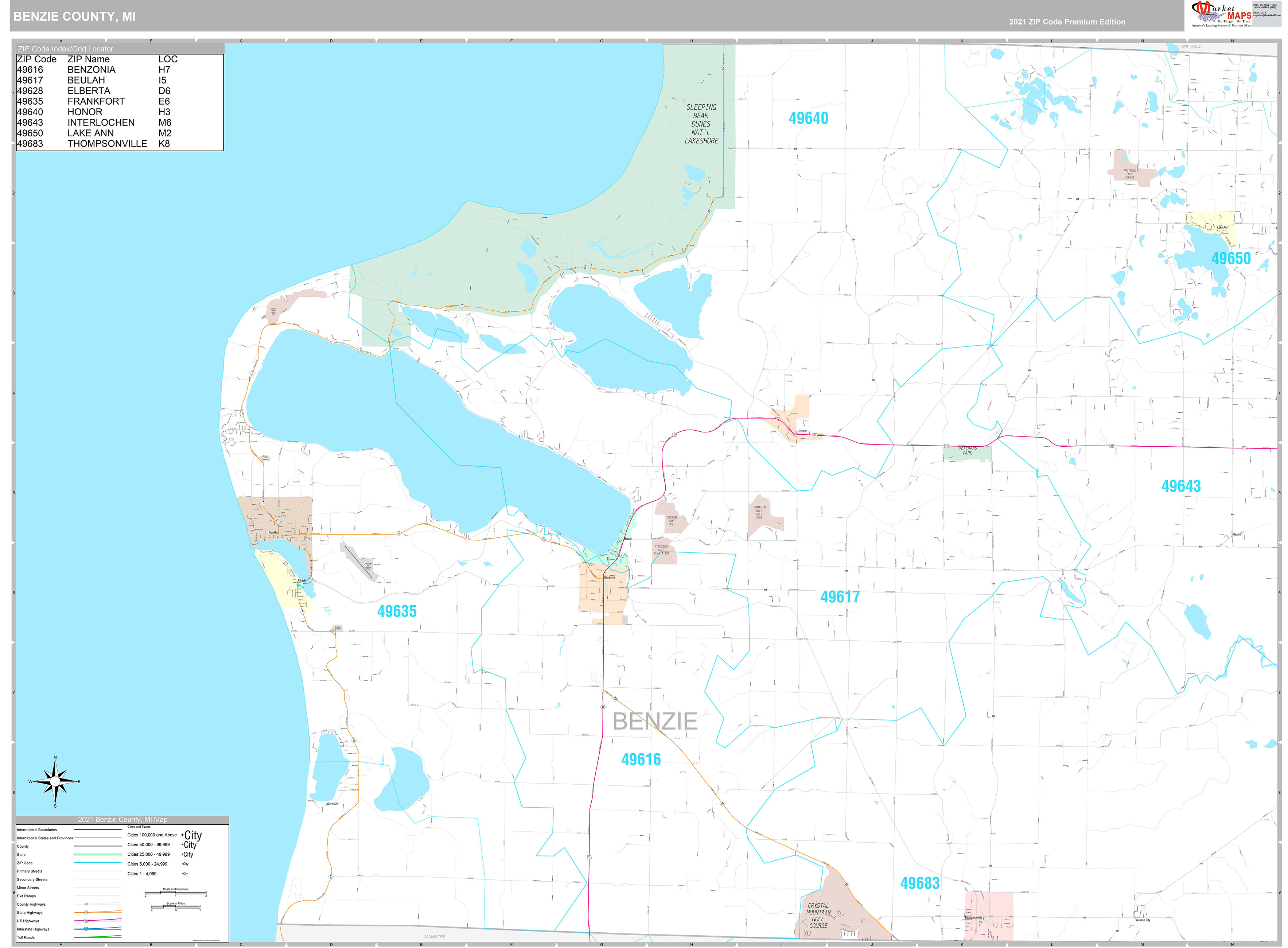 Benzie County, MI Wall Map Premium Style by MarketMAPS