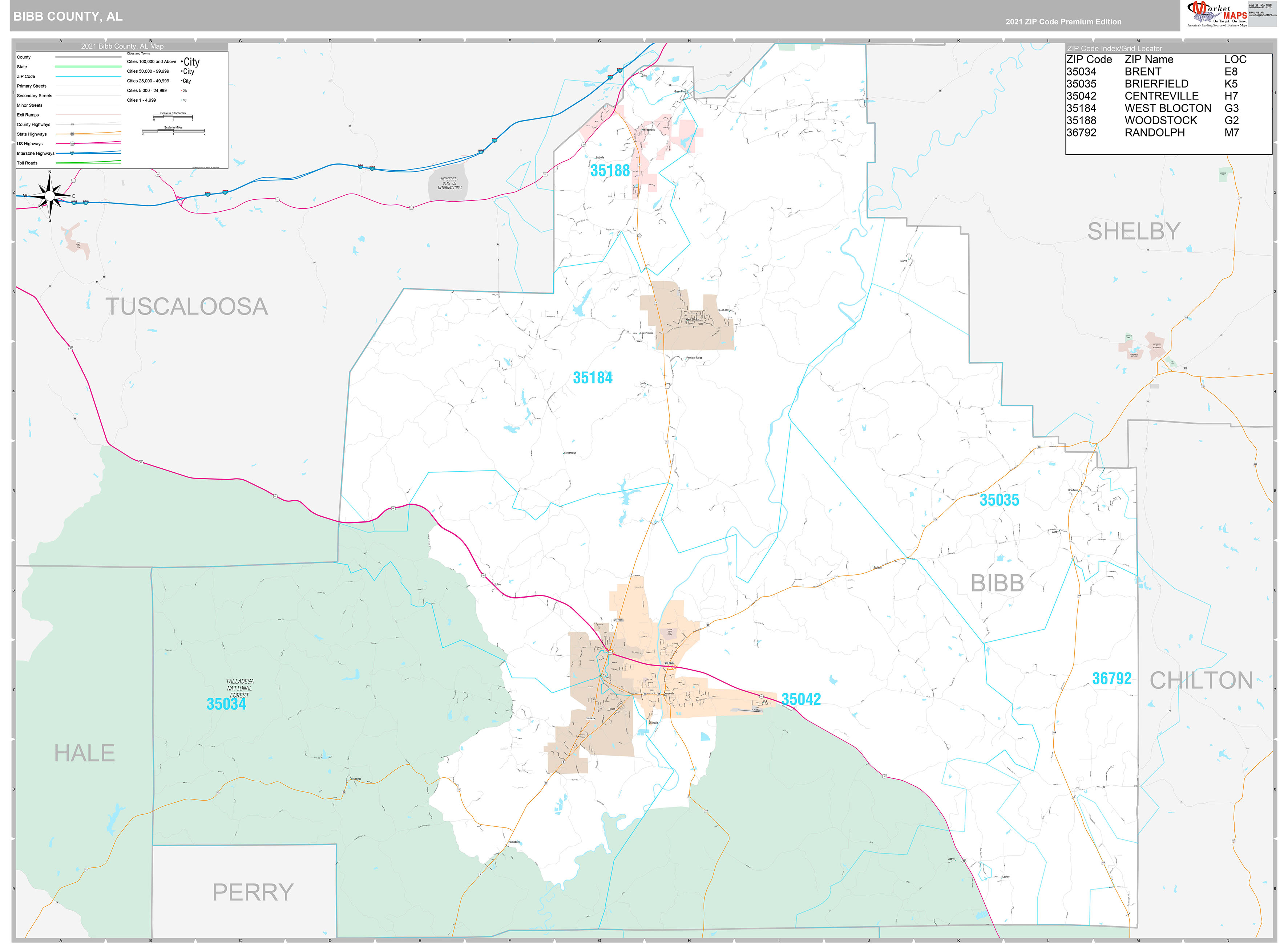 Bibb County, AL Wall Map Premium Style by MarketMAPS