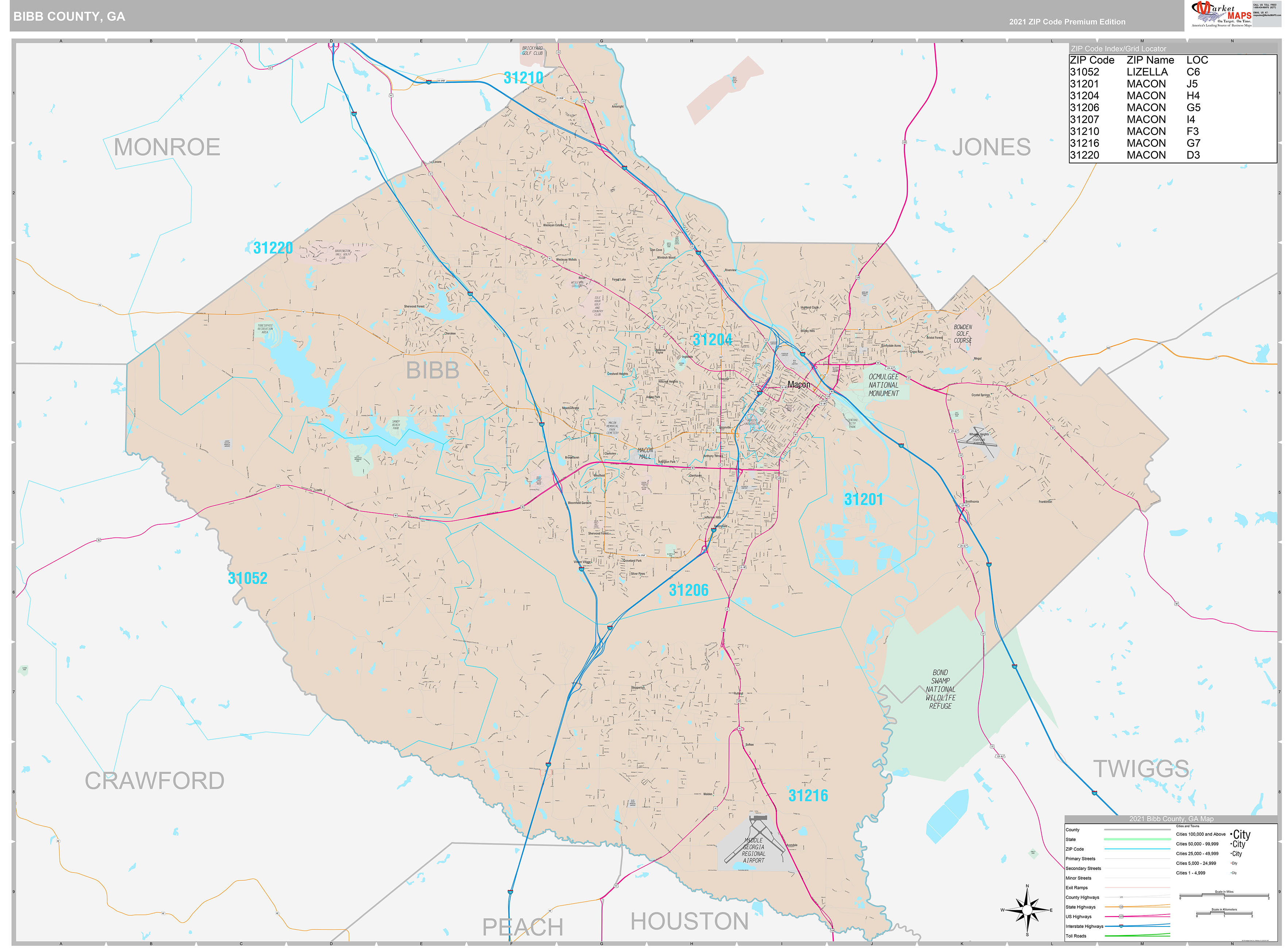 Bibb County, GA Wall Map Premium Style by MarketMAPS