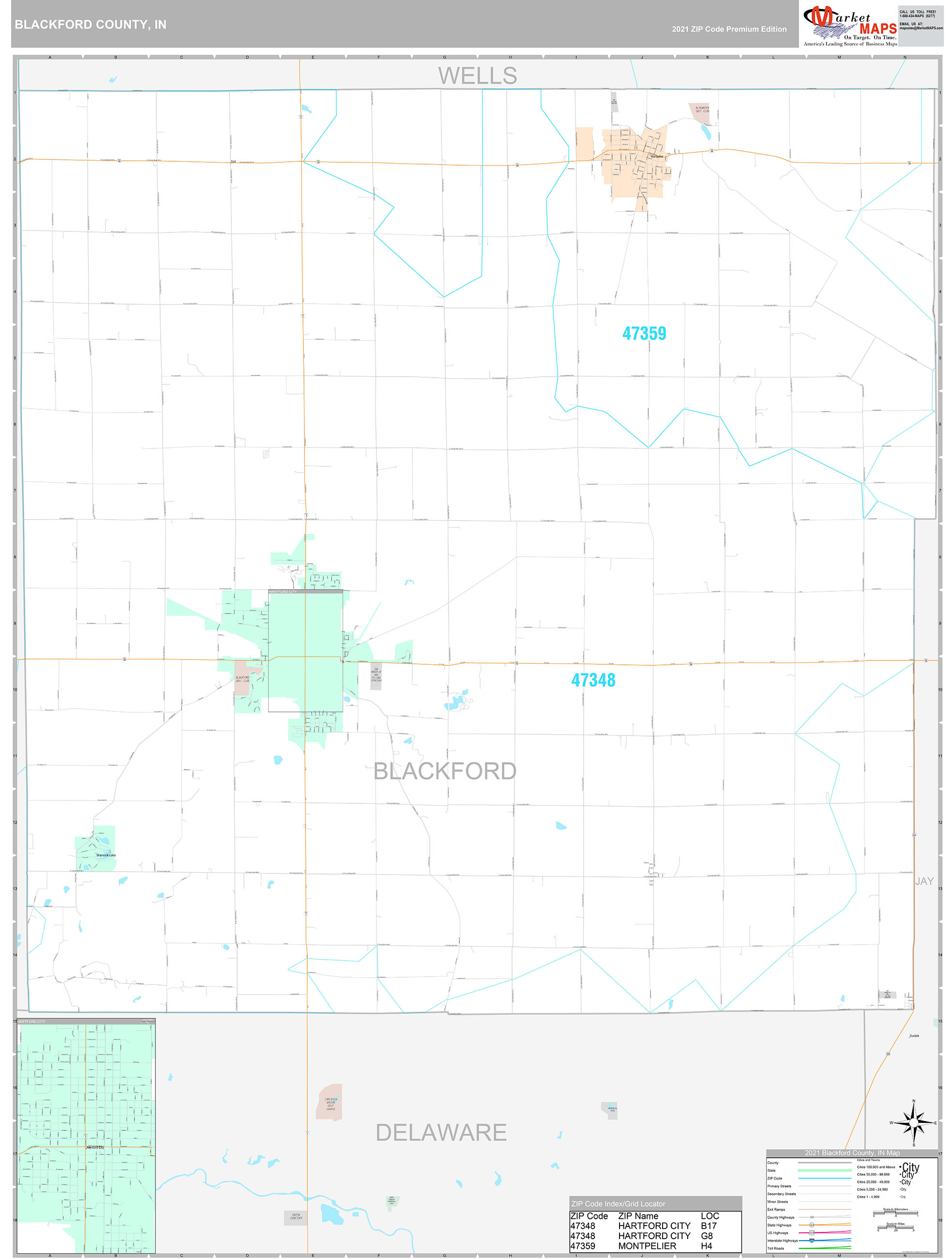 Blackford County, IN Wall Map Premium Style by MarketMAPS