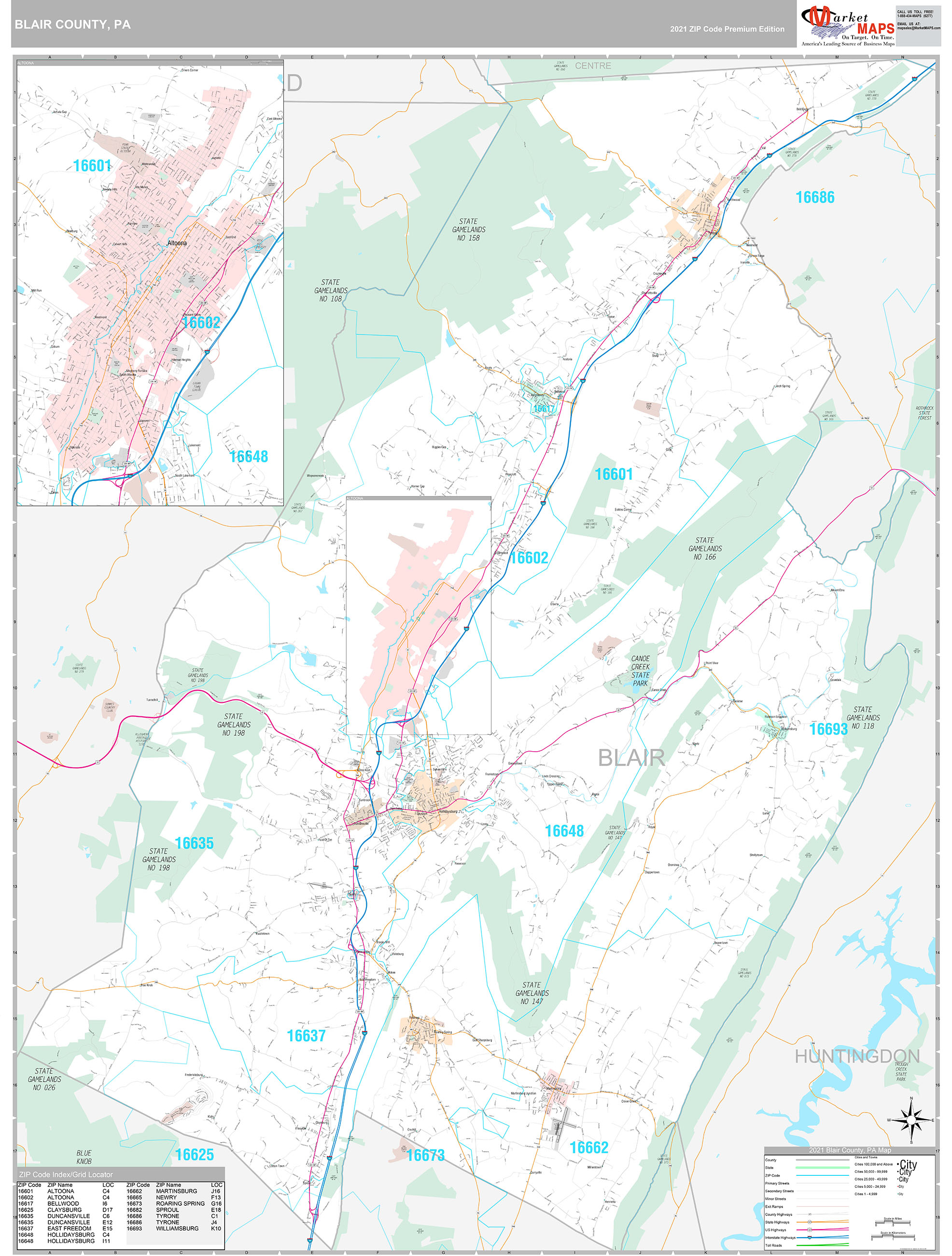 Blair County, PA Wall Map Premium Style by MarketMAPS - MapSales