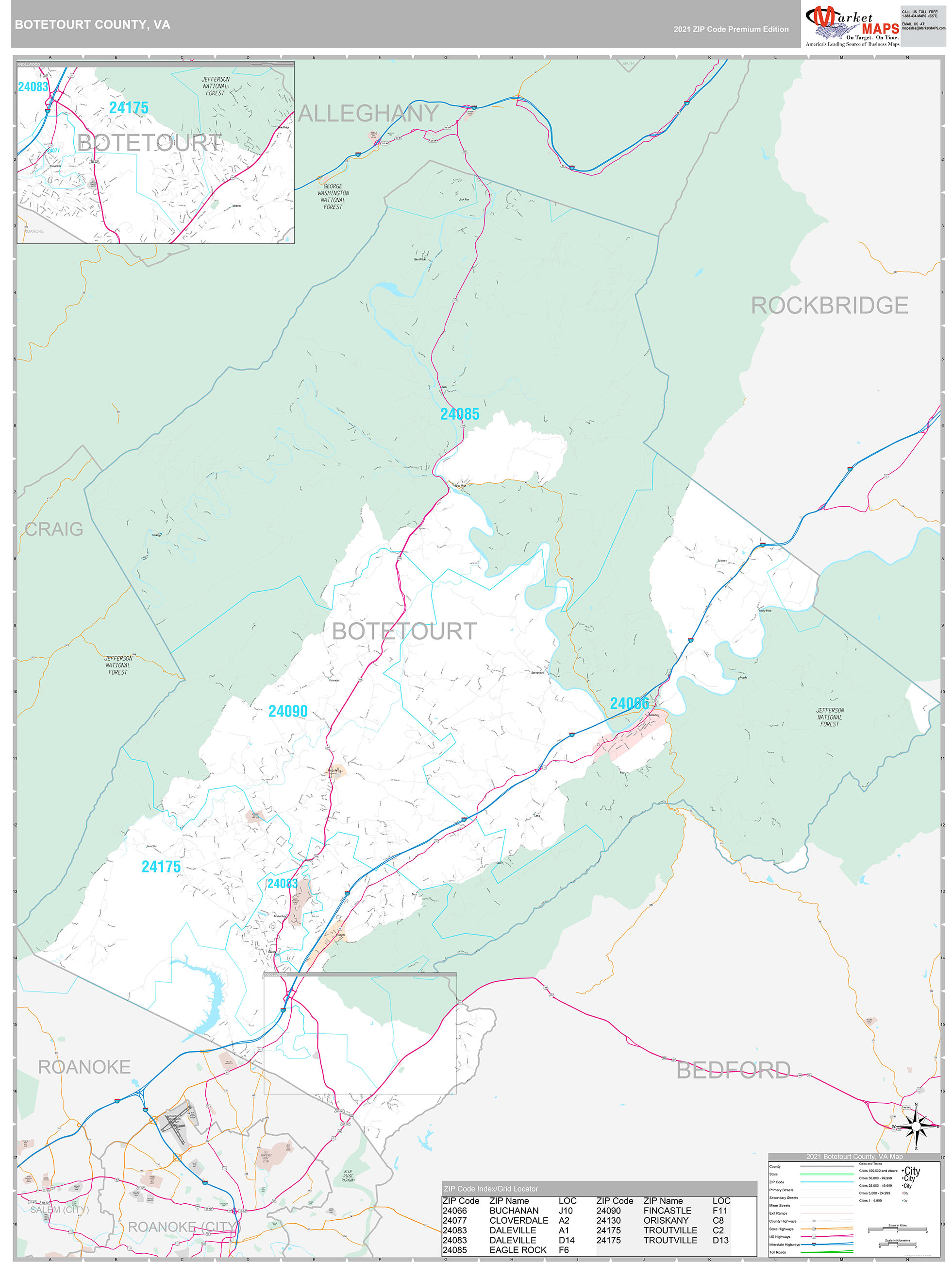 Botetourt County, VA Wall Map Premium Style by MarketMAPS
