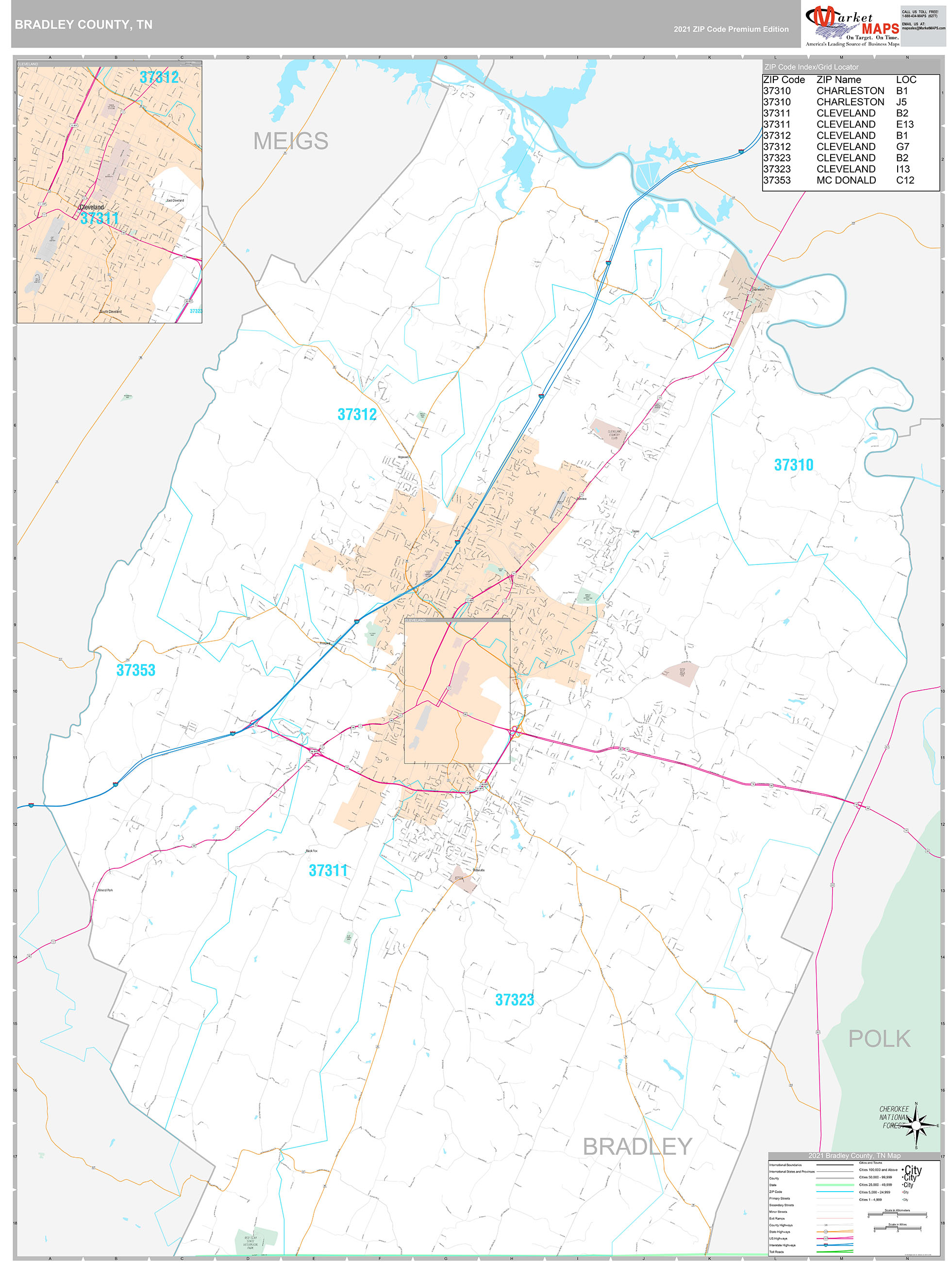 Bradley County, TN Wall Map Premium Style by MarketMAPS - MapSales