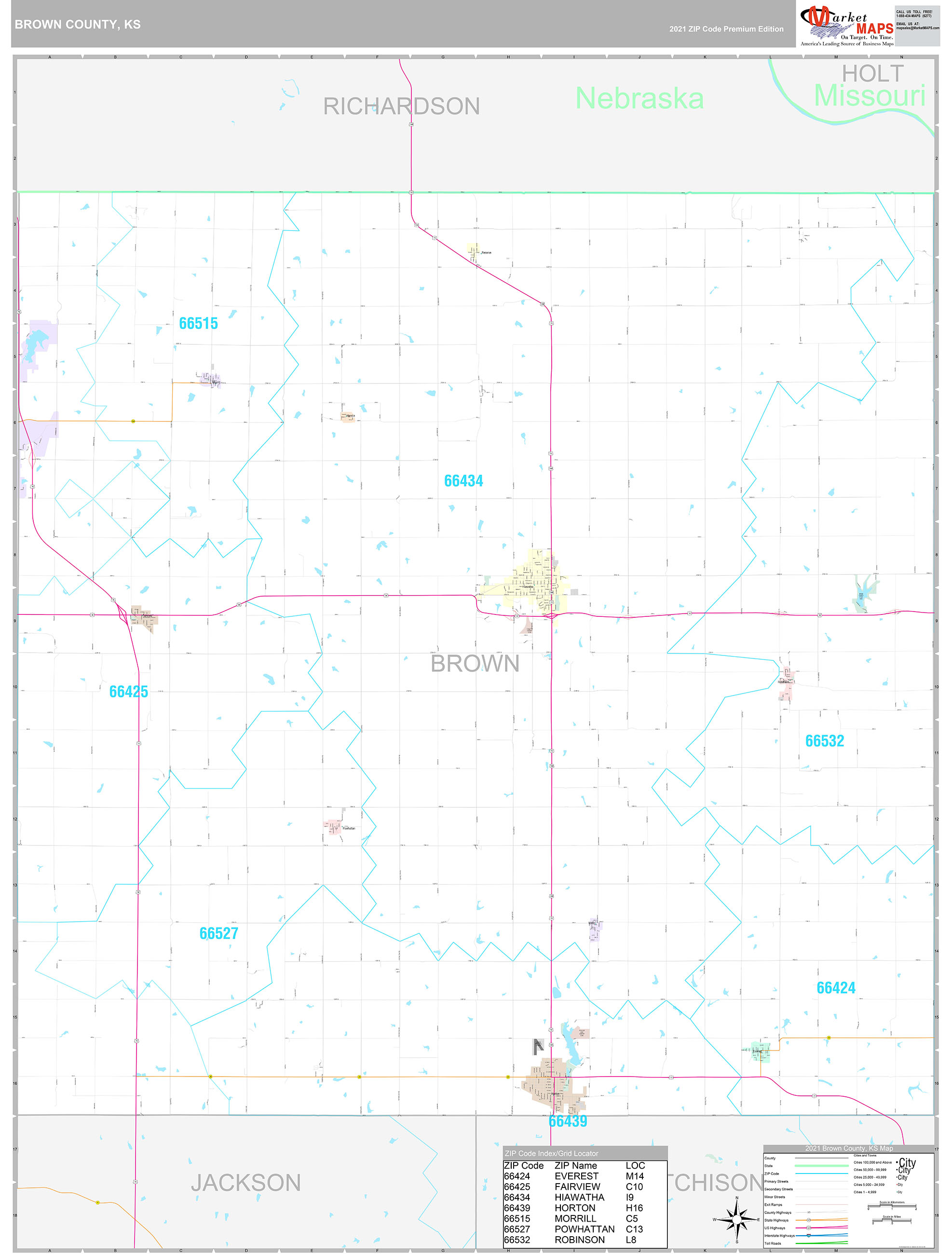 Brown County, KS Wall Map Premium Style by MarketMAPS