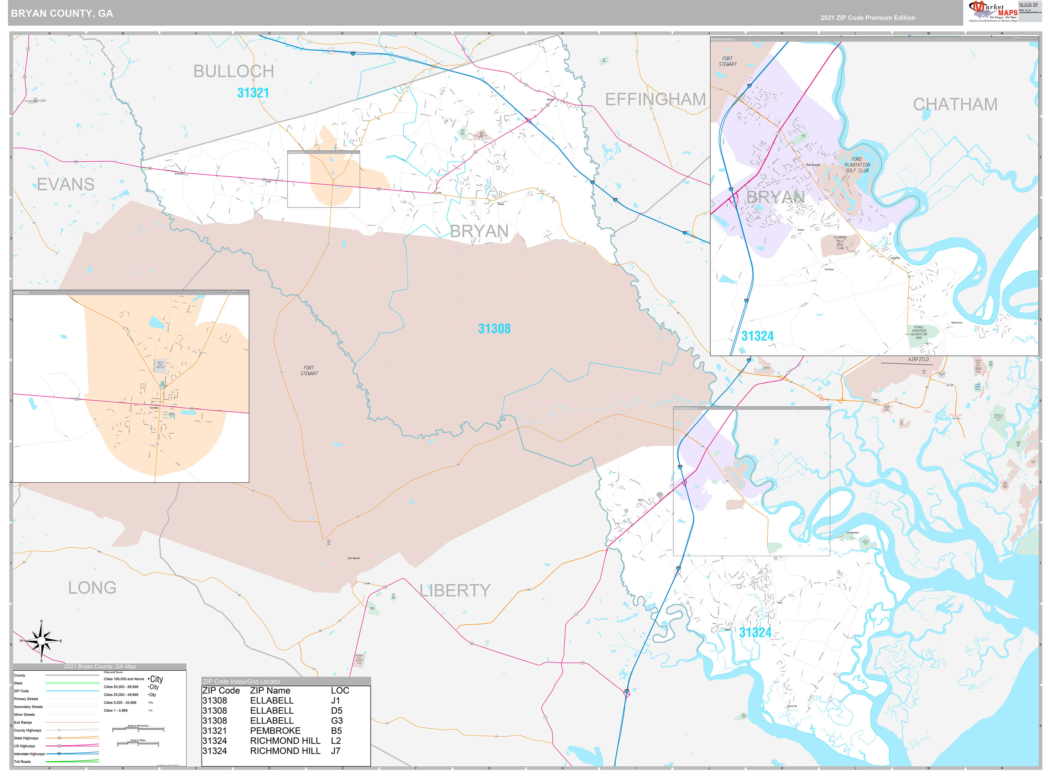 Bryan County, GA Wall Map Premium Style by MarketMAPS MapSales