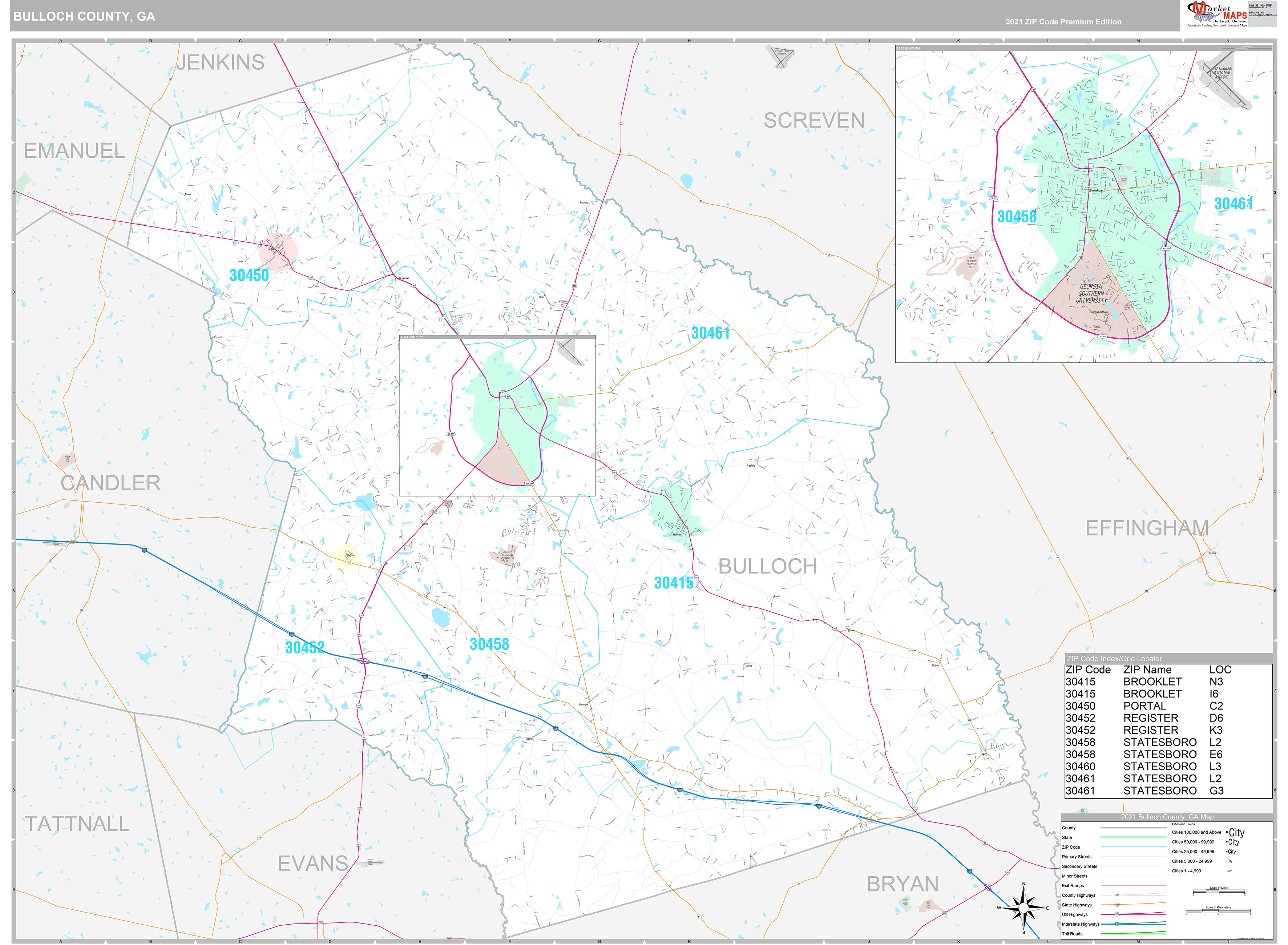Bulloch County GA Wall Map Premium Style by MarketMAPS