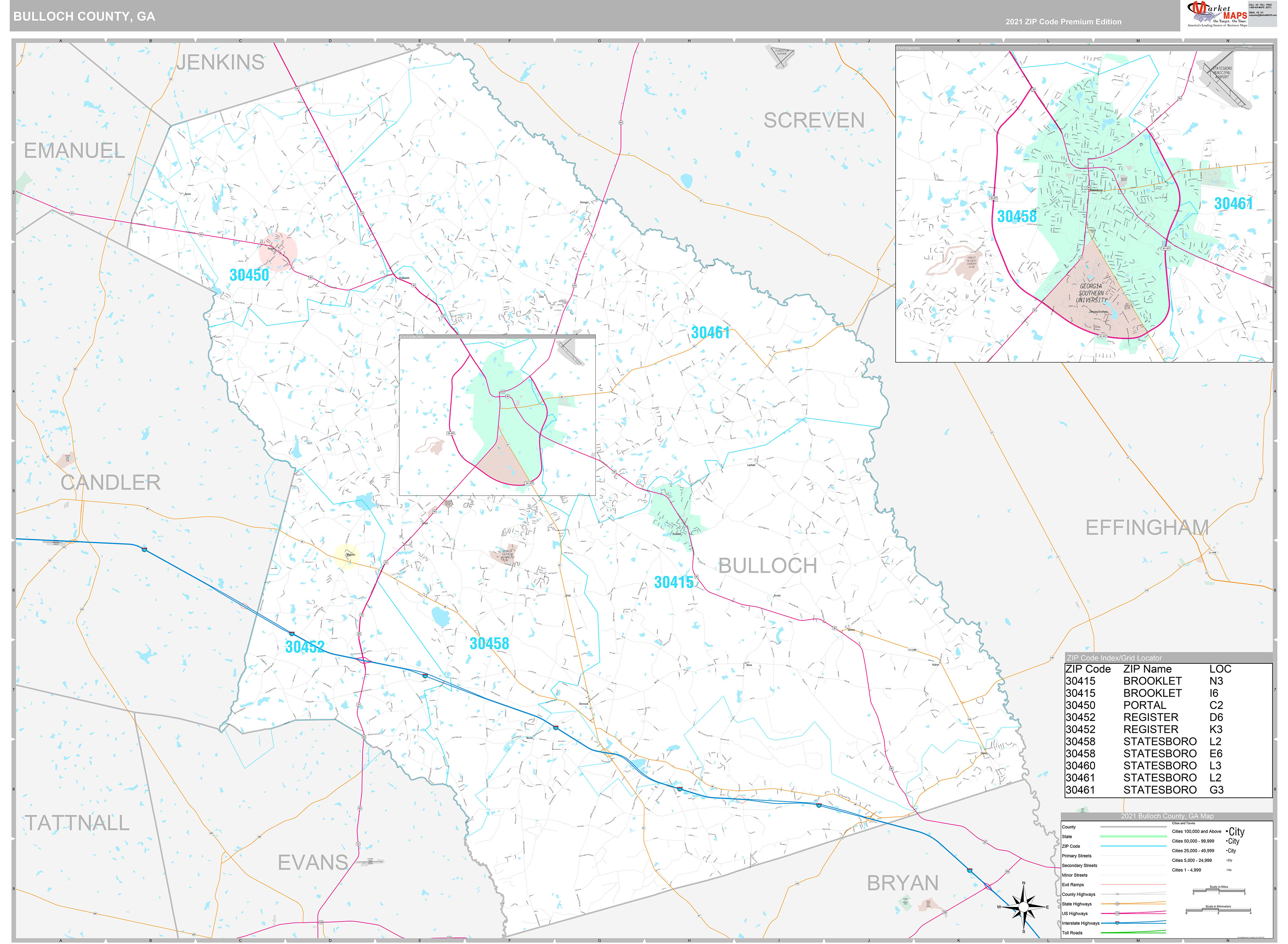 Bulloch County, GA Wall Map