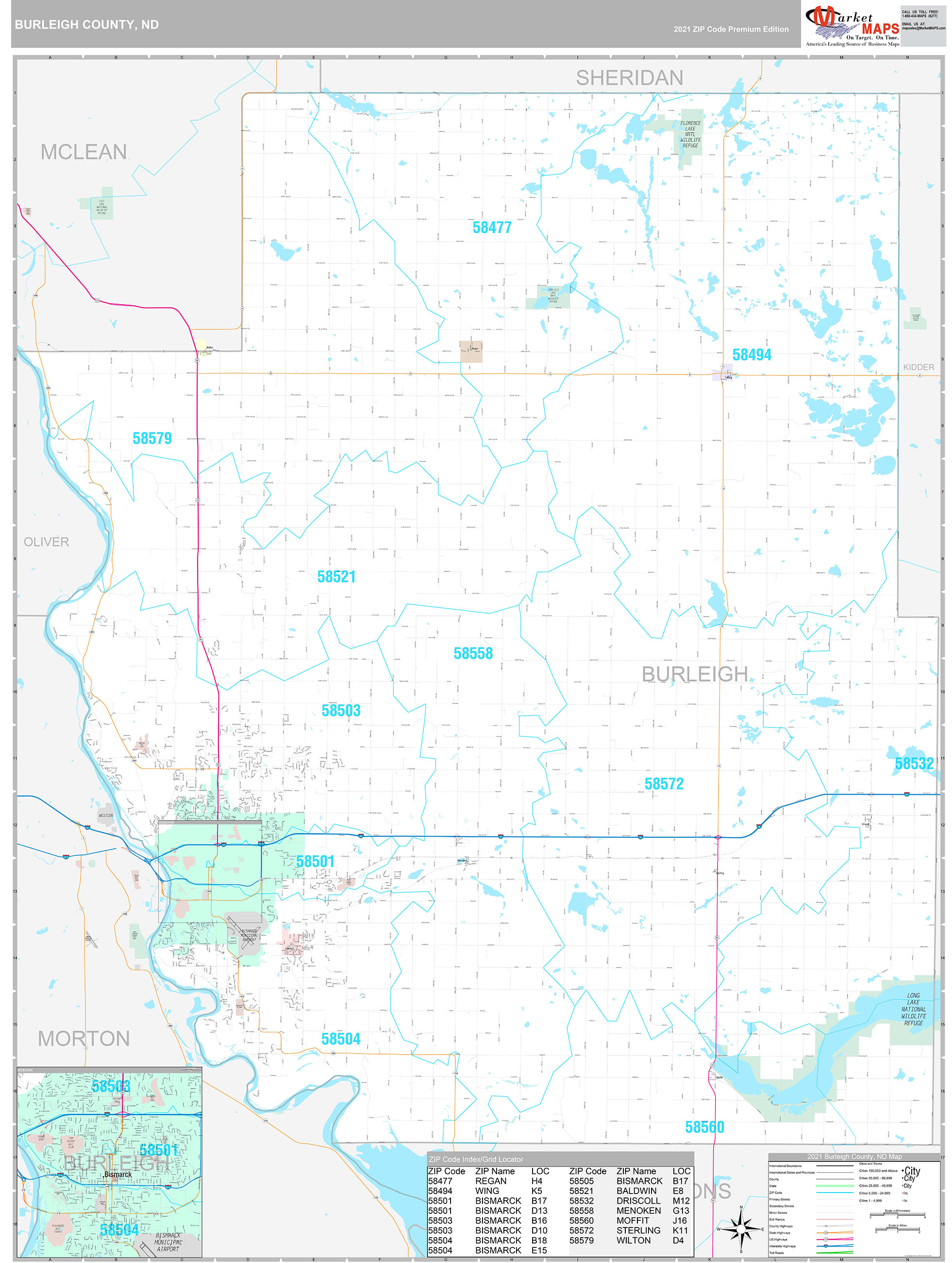 Burleigh County ND Wall Map Premium Style by MarketMAPS MapSales