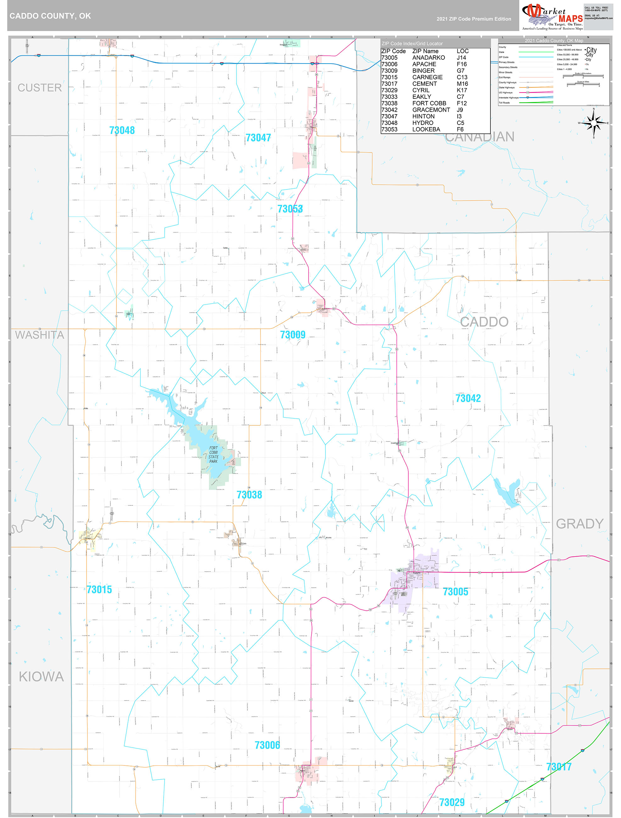 Caddo County, OK Wall Map Premium Style by MarketMAPS MapSales