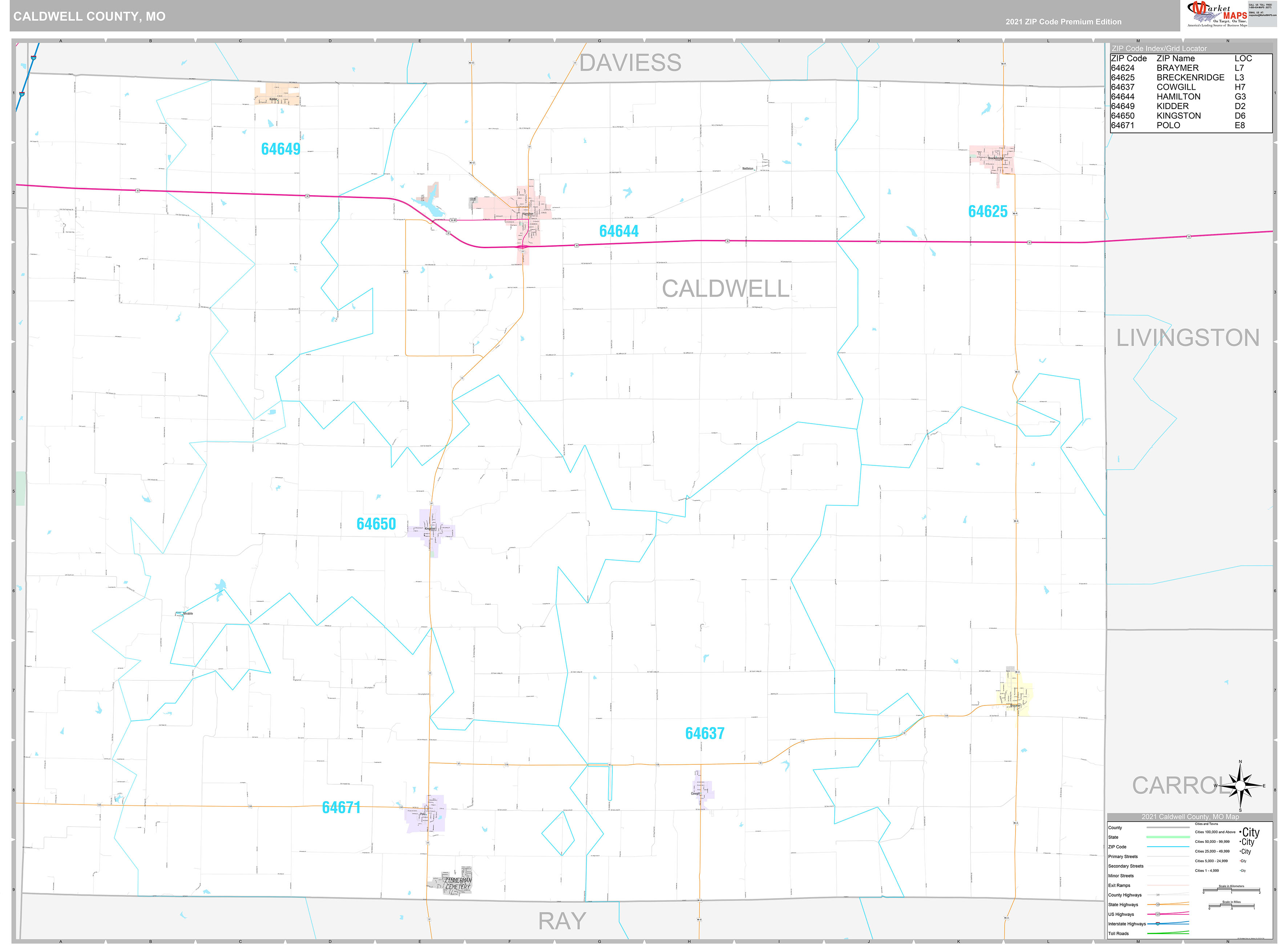 Caldwell County, MO Wall Map Premium Style by MarketMAPS