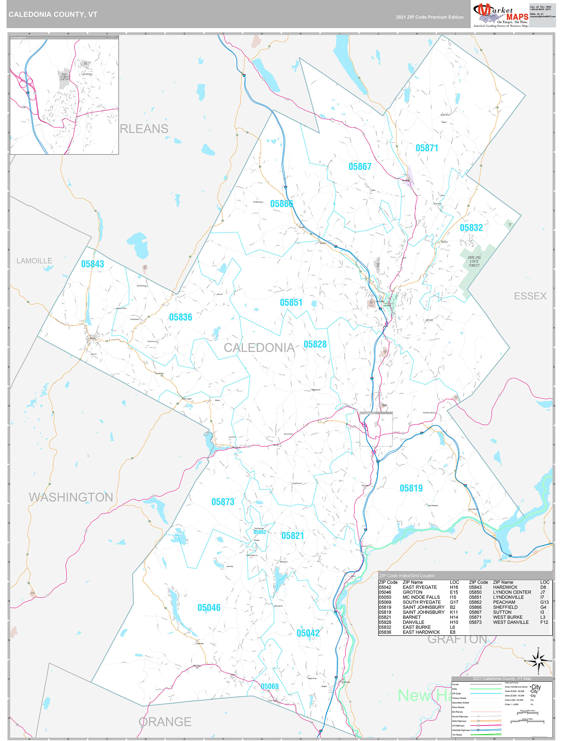 Caledonia County, VT Wall Map Premium Style by MarketMAPS MapSales