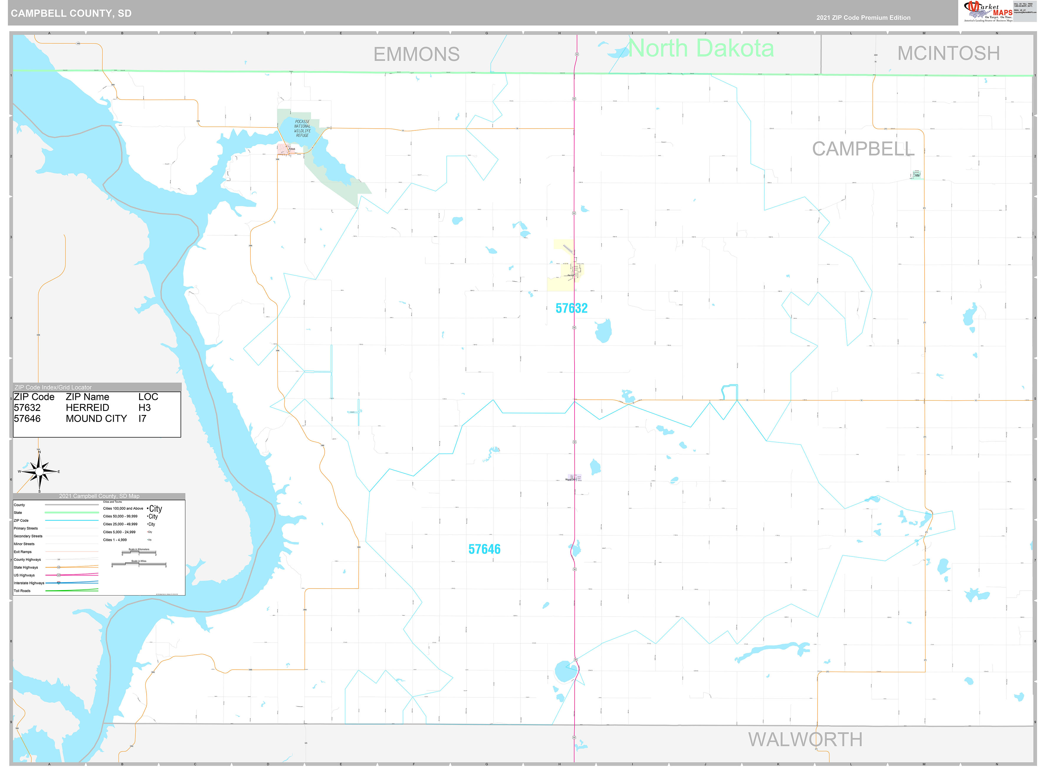 Campbell County, SD Wall Map Premium Style by MarketMAPS