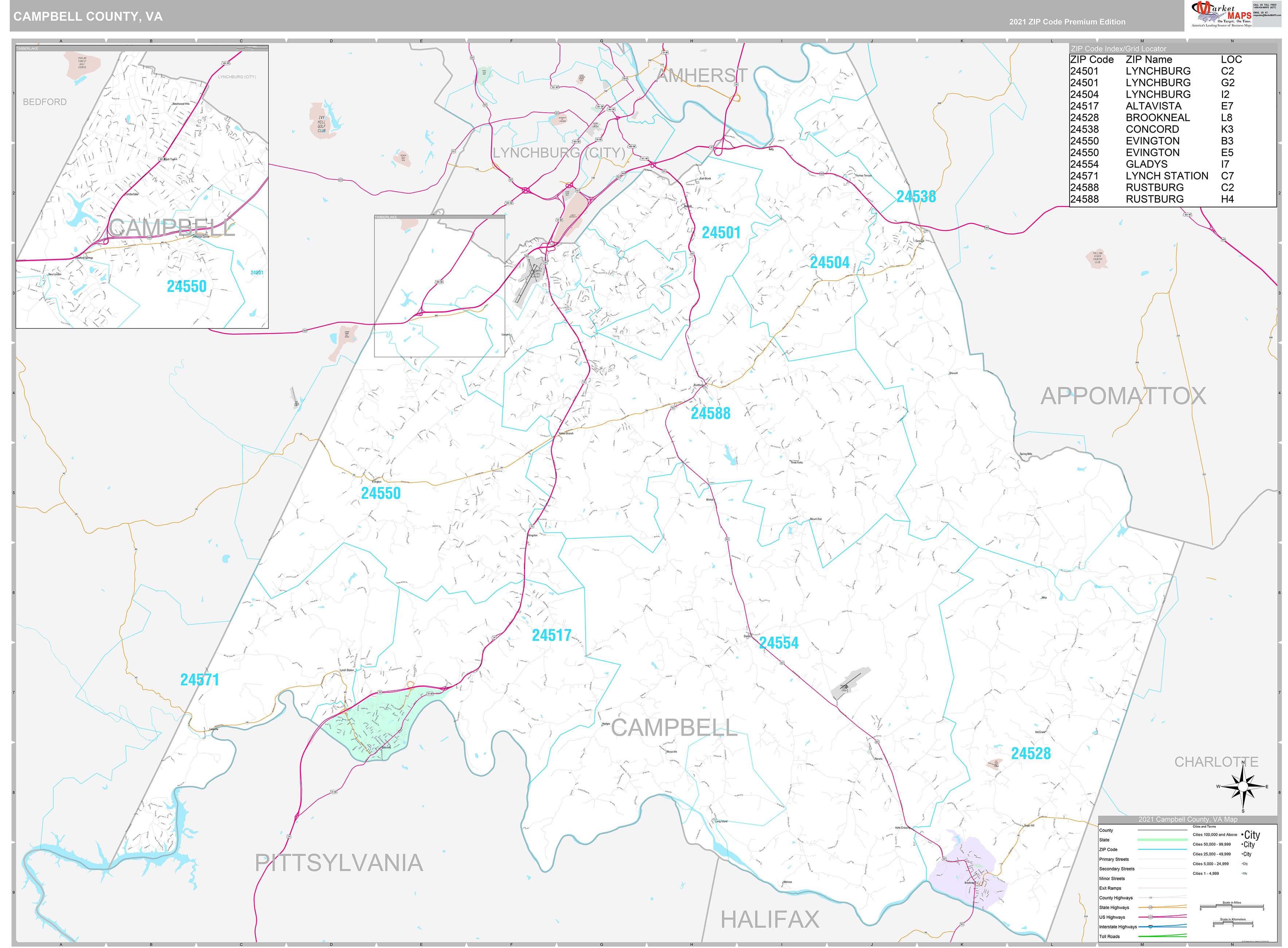 Campbell County, VA Wall Map Premium Style by MarketMAPS MapSales