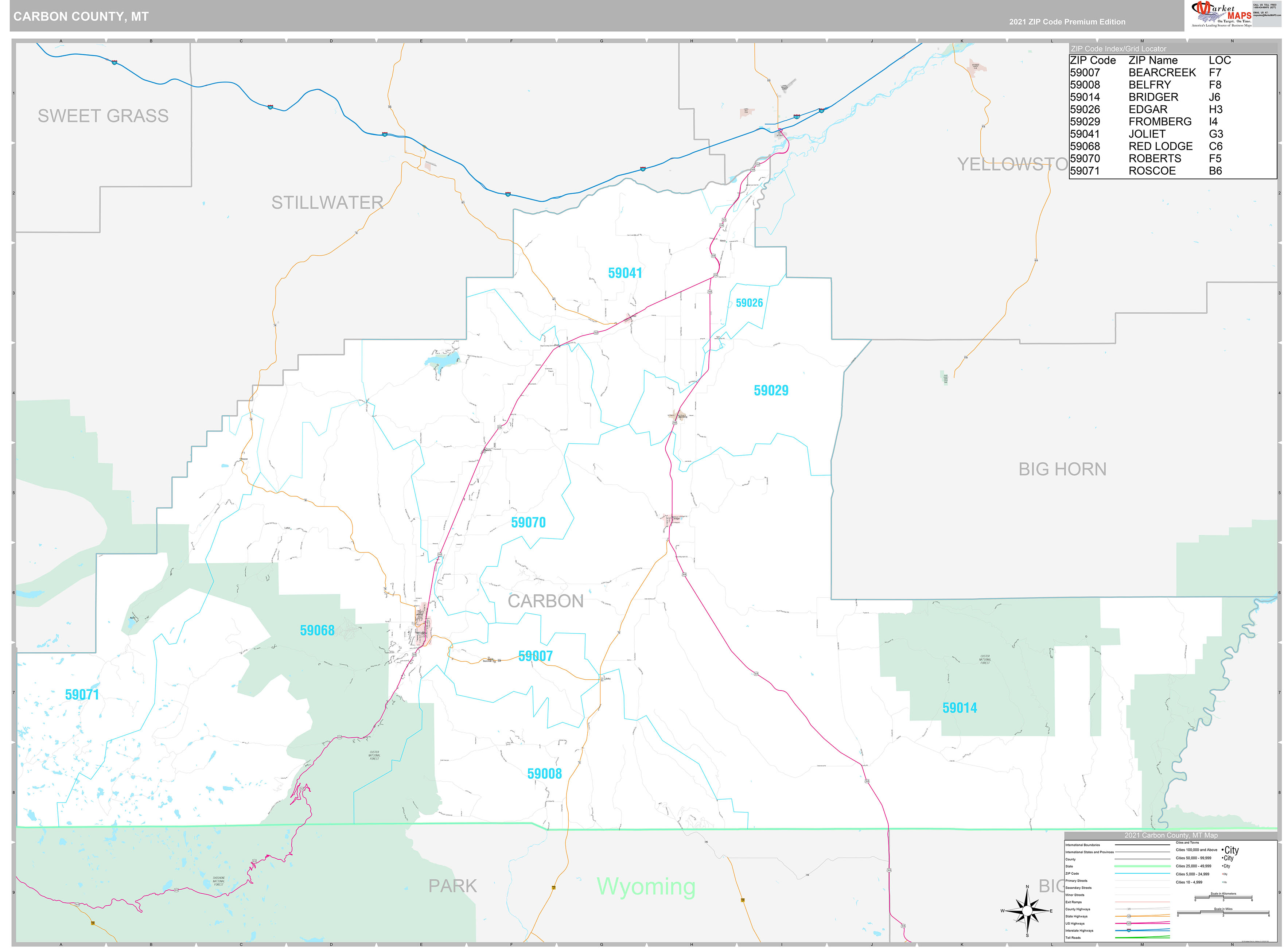 Carbon County, MT Wall Map Premium Style by MarketMAPS