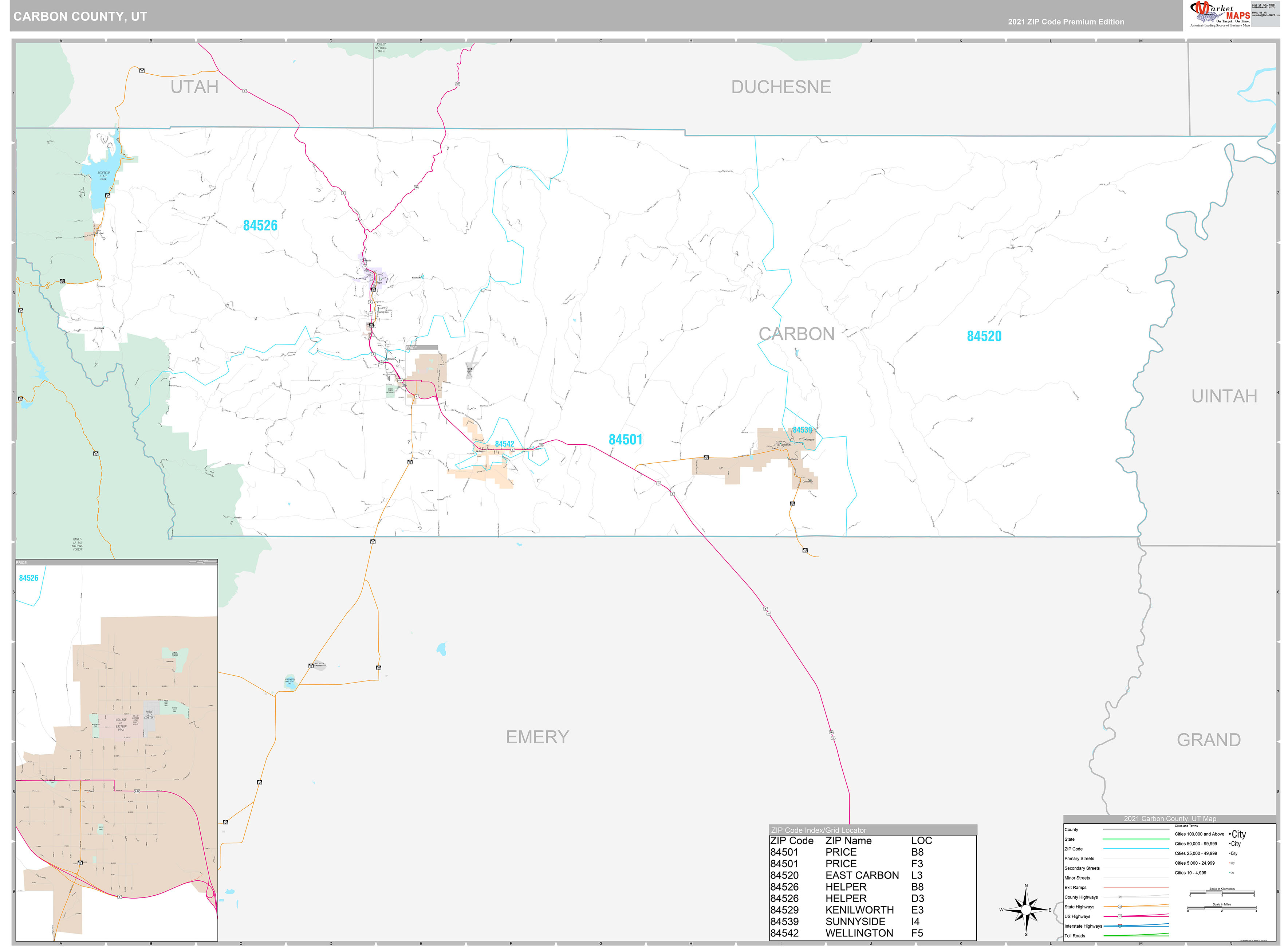 Carbon County, UT Wall Map Premium Style by MarketMAPS