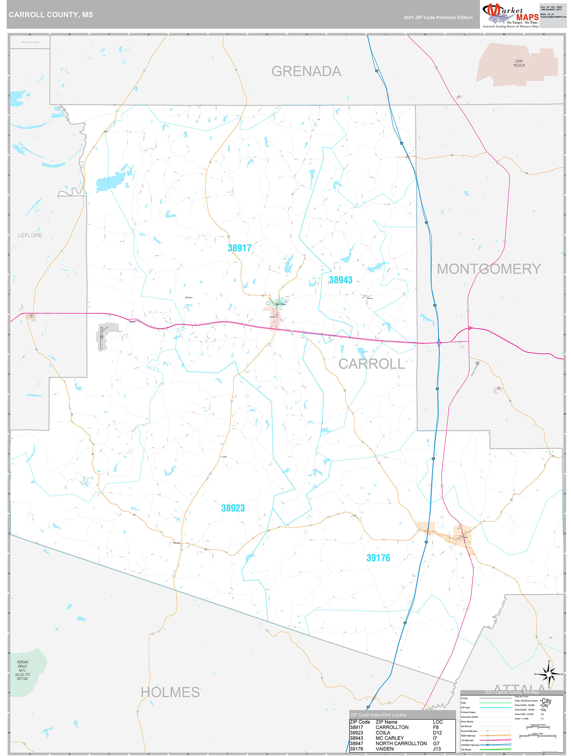 Carroll County, MS Wall Map Premium Style by MarketMAPS 