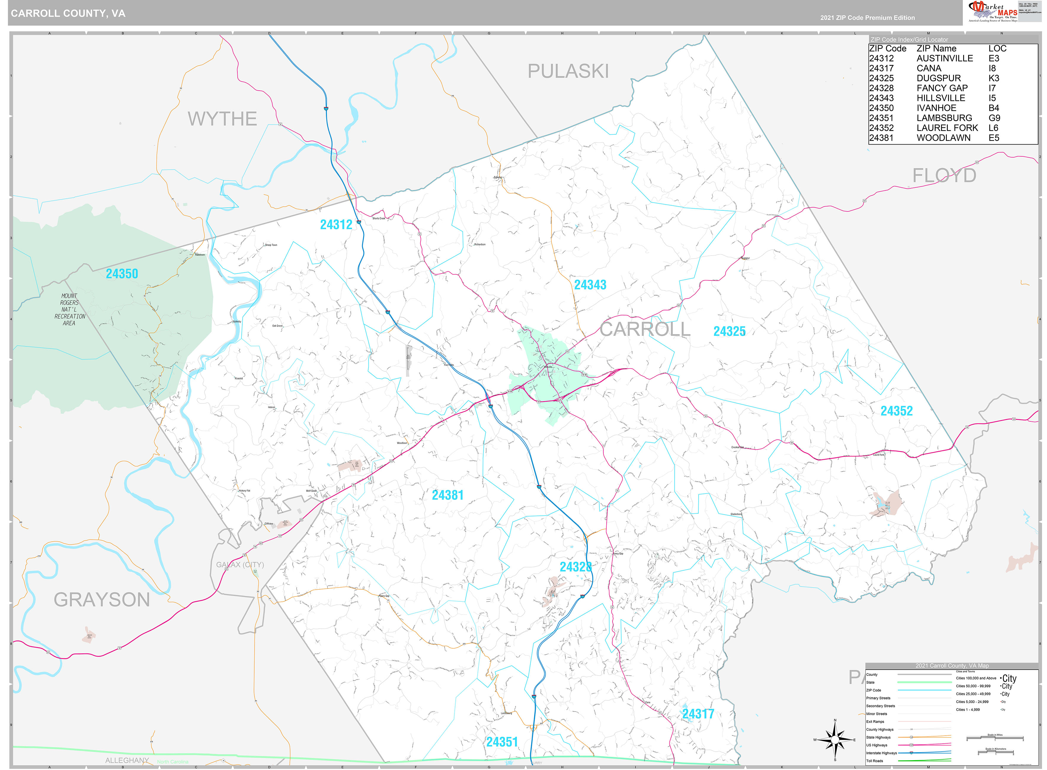 Carroll County, VA Wall Map Premium Style by MarketMAPS MapSales