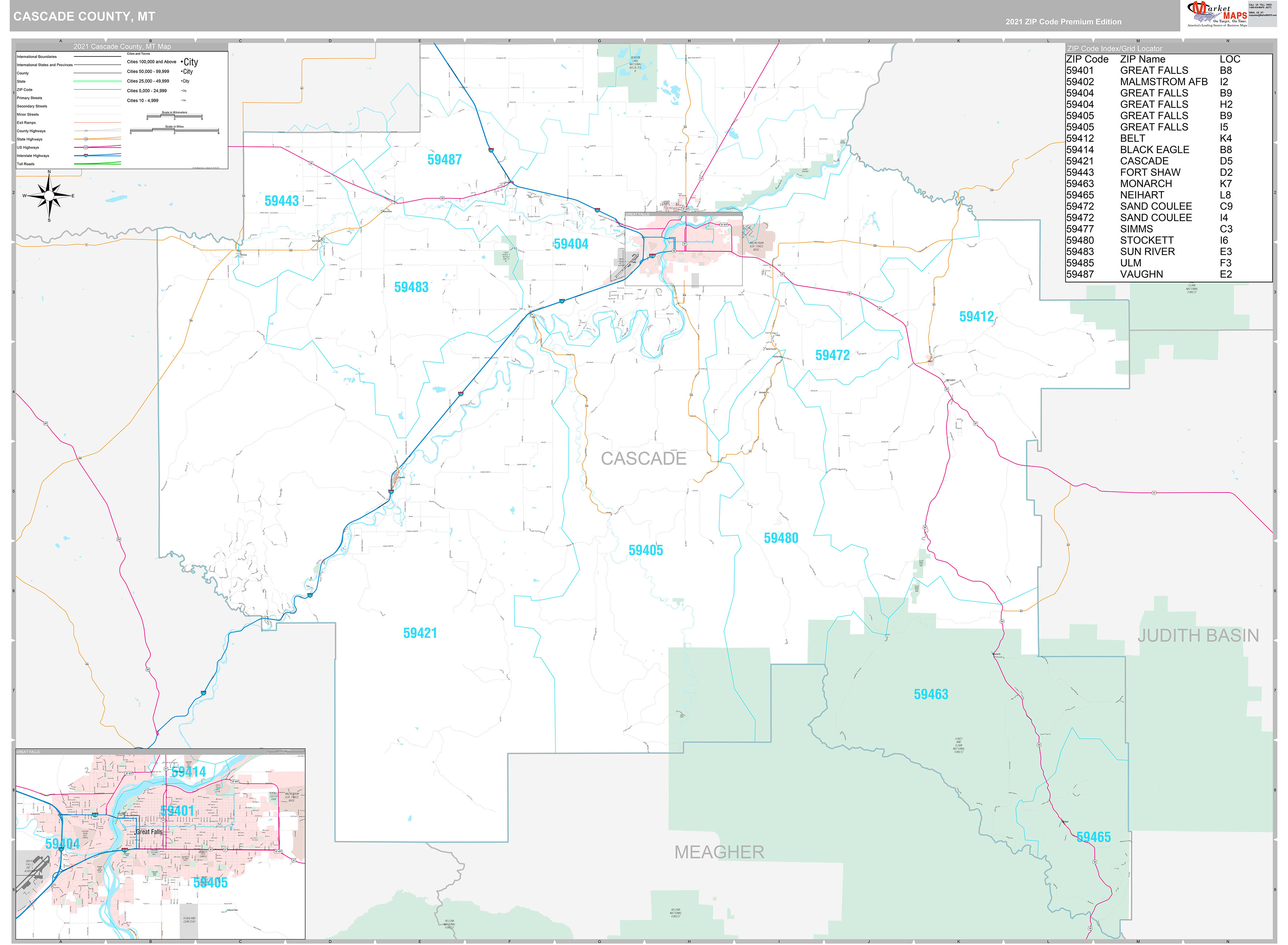 Cascade County, MT Wall Map Premium Style by MarketMAPS