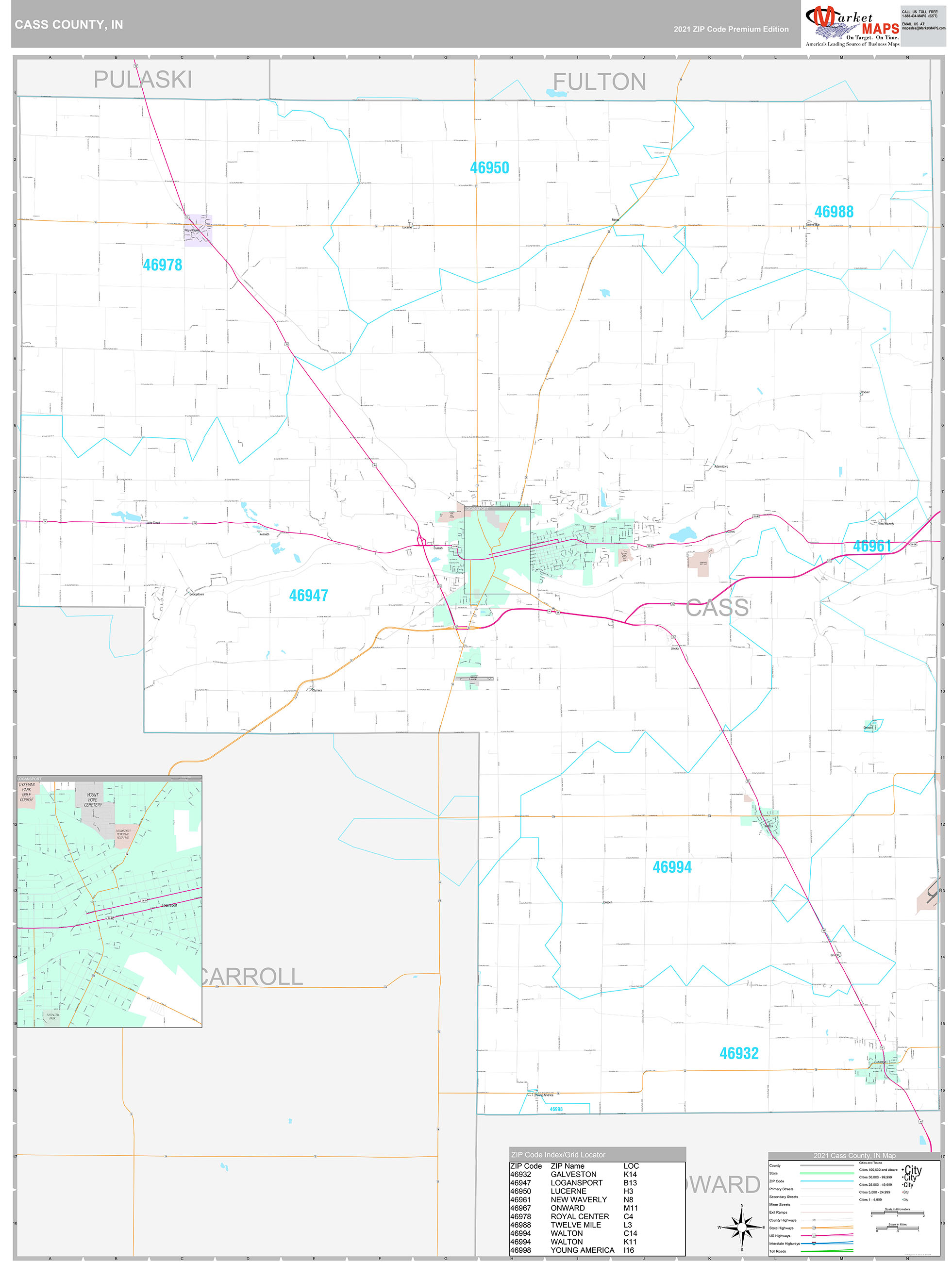 Cass County, IN Wall Map Premium Style by MarketMAPS
