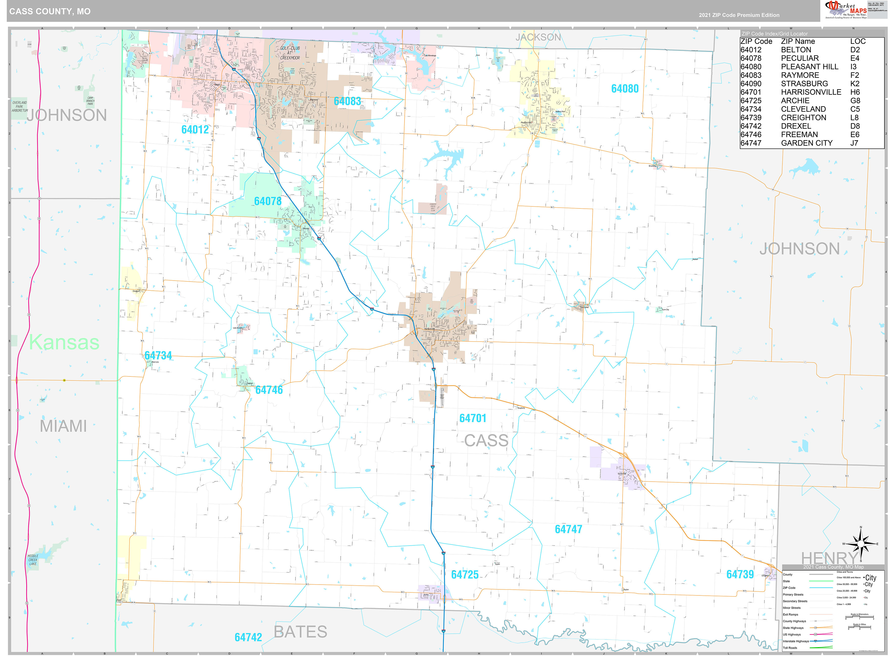 Cass County, MO Wall Map Premium Style by MarketMAPS