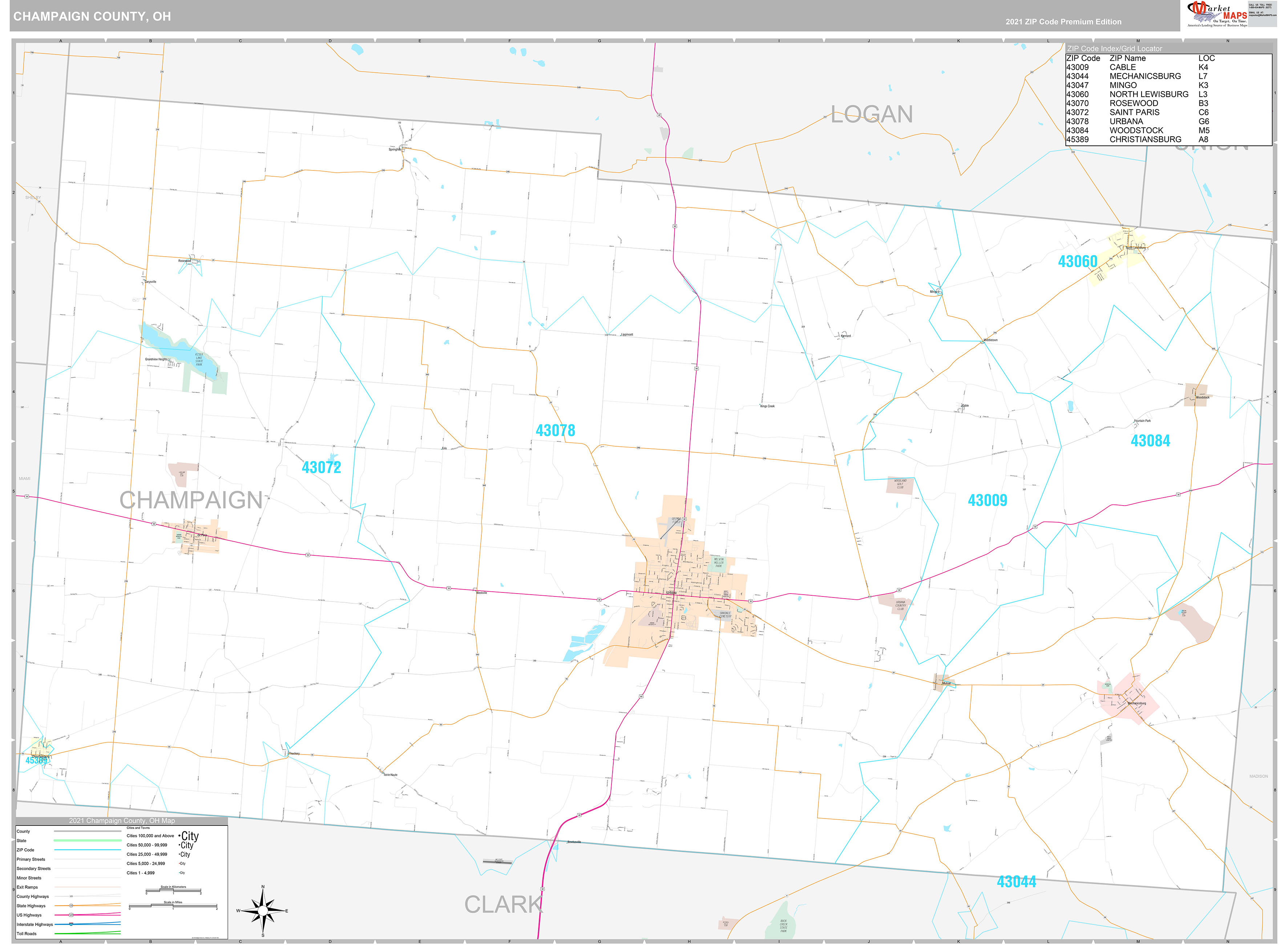 Champaign County, OH Wall Map Premium Style by MarketMAPS