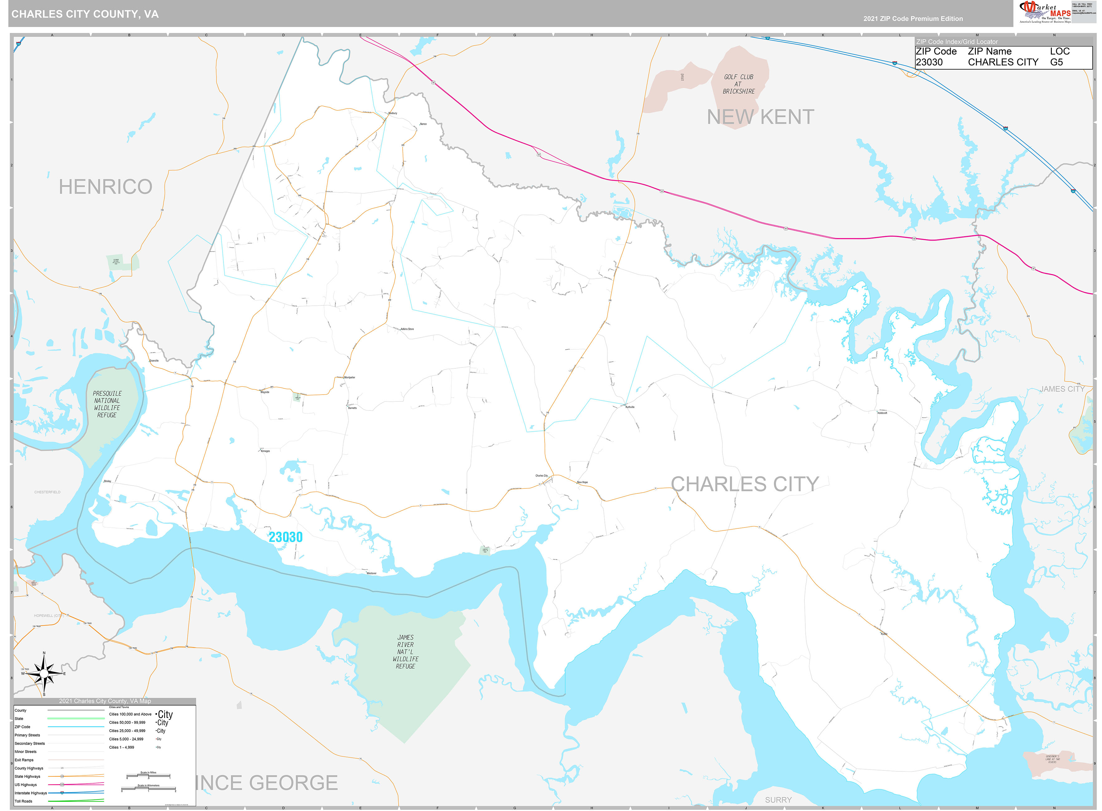 Charles City County, VA Wall Map Premium Style by MarketMAPS