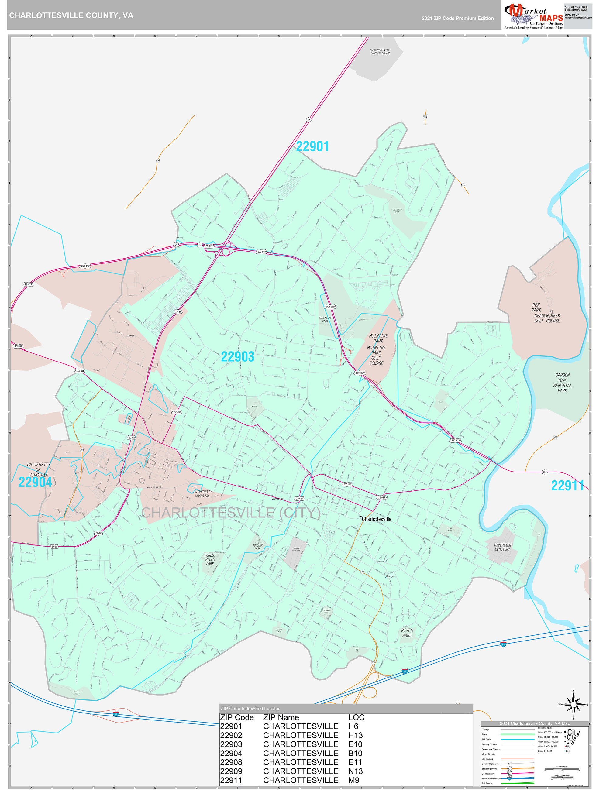 Charlottesville County, VA Wall Map Premium Style by MarketMAPS MapSales