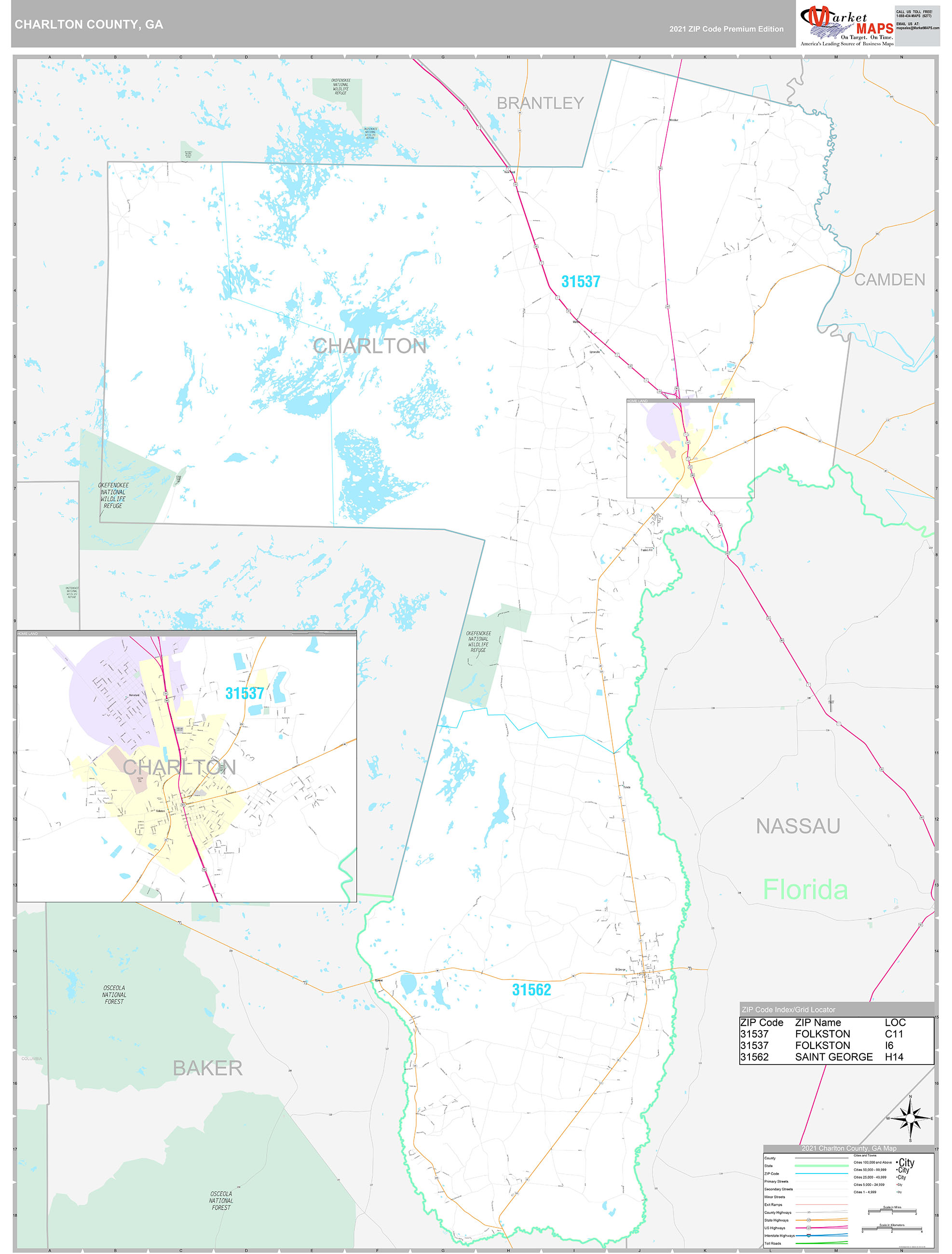 Charlton County, GA Wall Map Premium Style by MarketMAPS