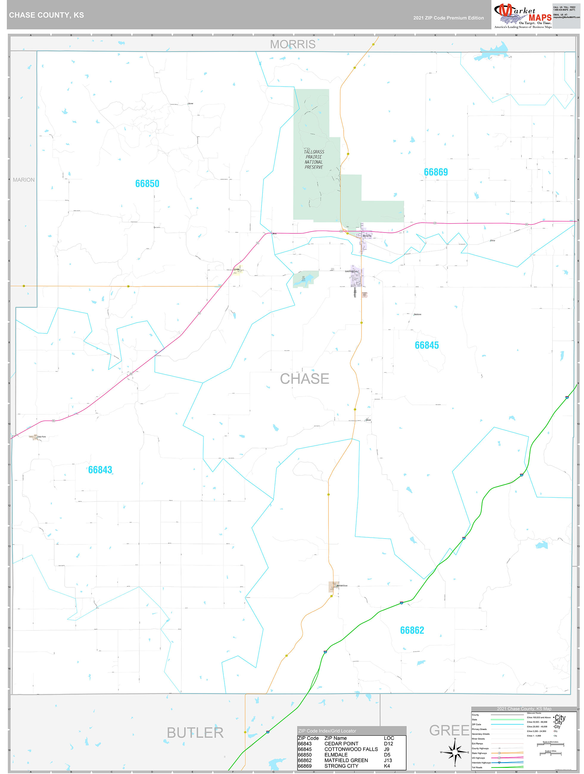 Chase County, KS Wall Map Premium Style by MarketMAPS