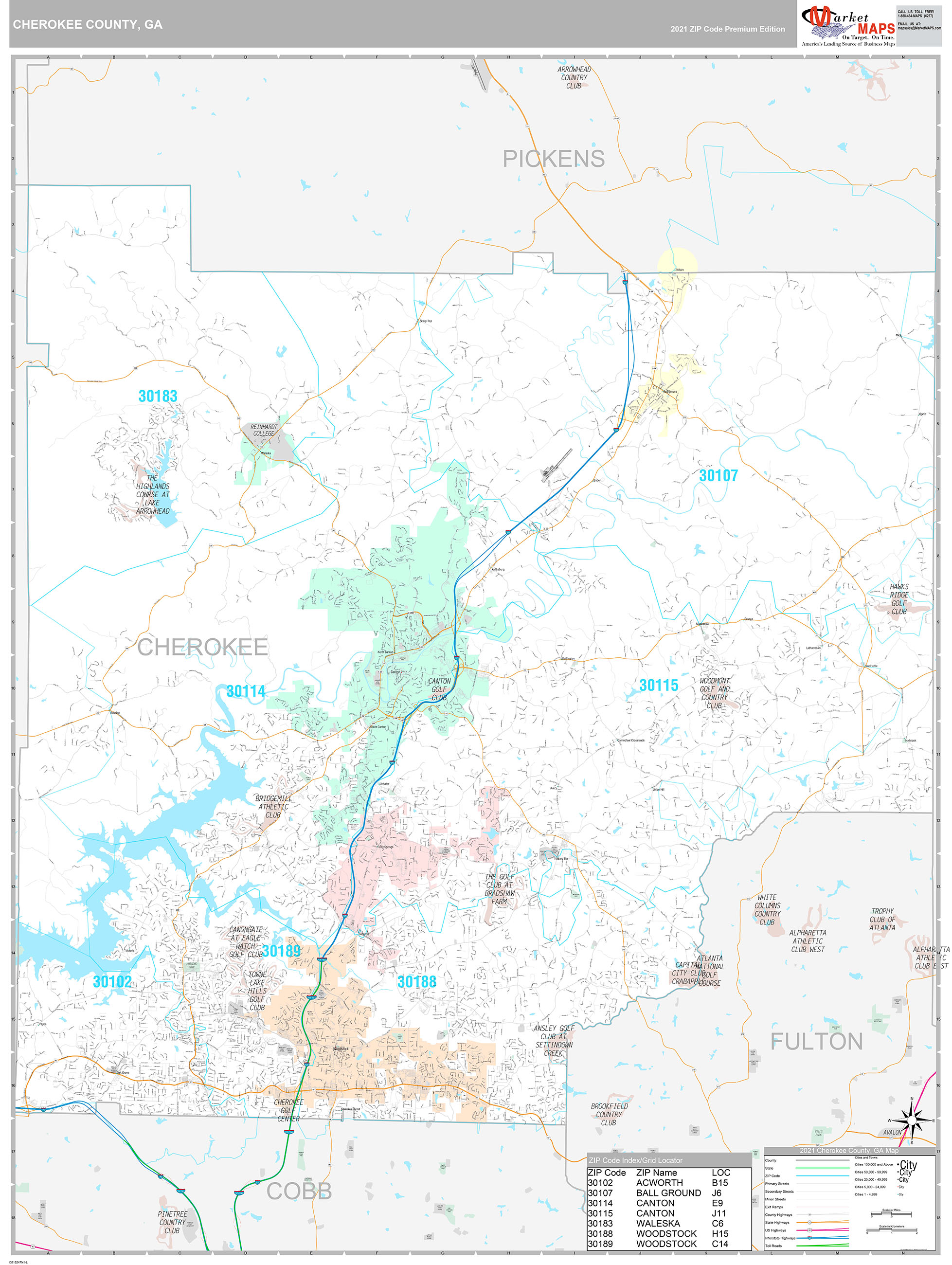 Cherokee County, GA Wall Map Premium Style by MarketMAPS - MapSales