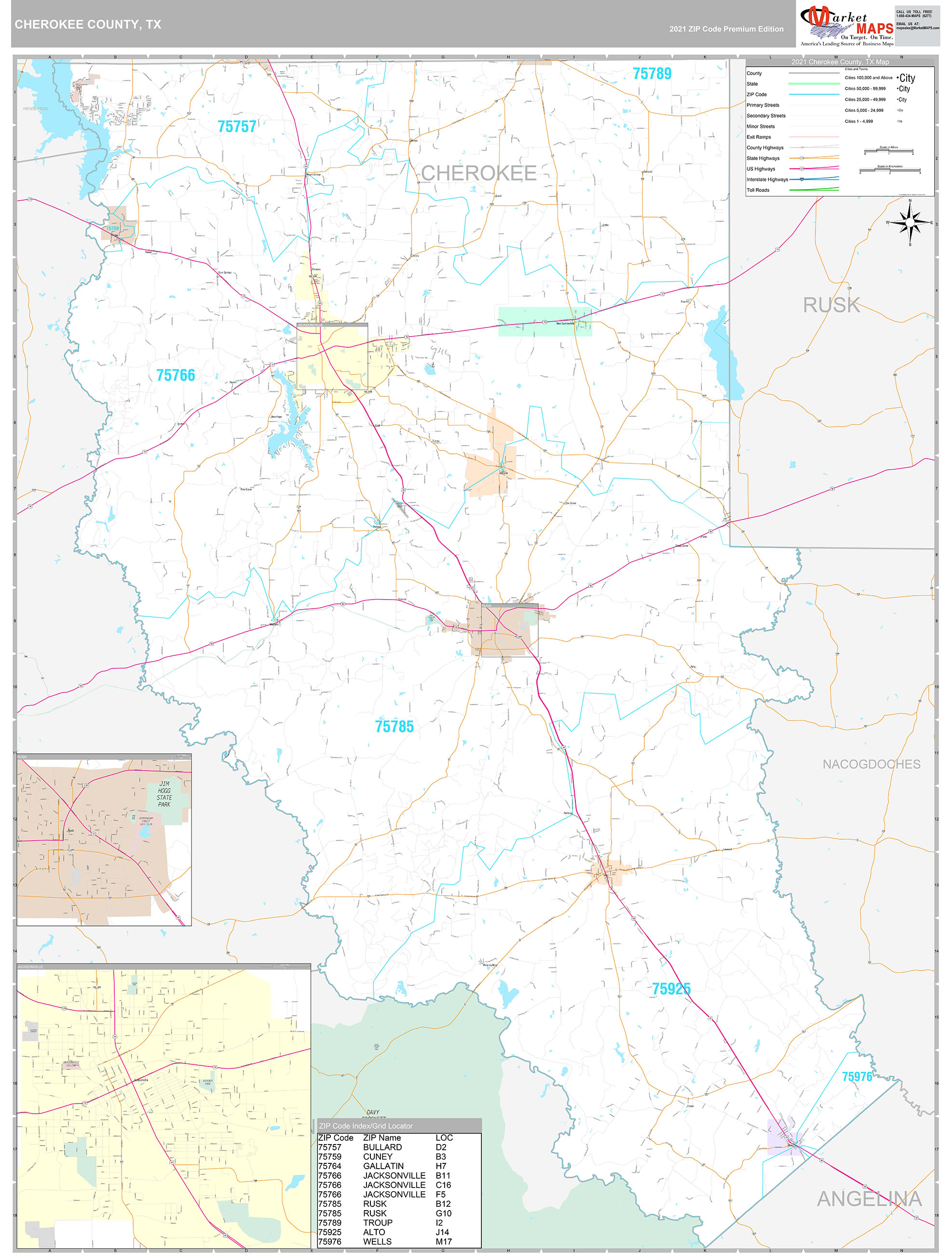 Cherokee County, TX Wall Map Premium Style by MarketMAPS