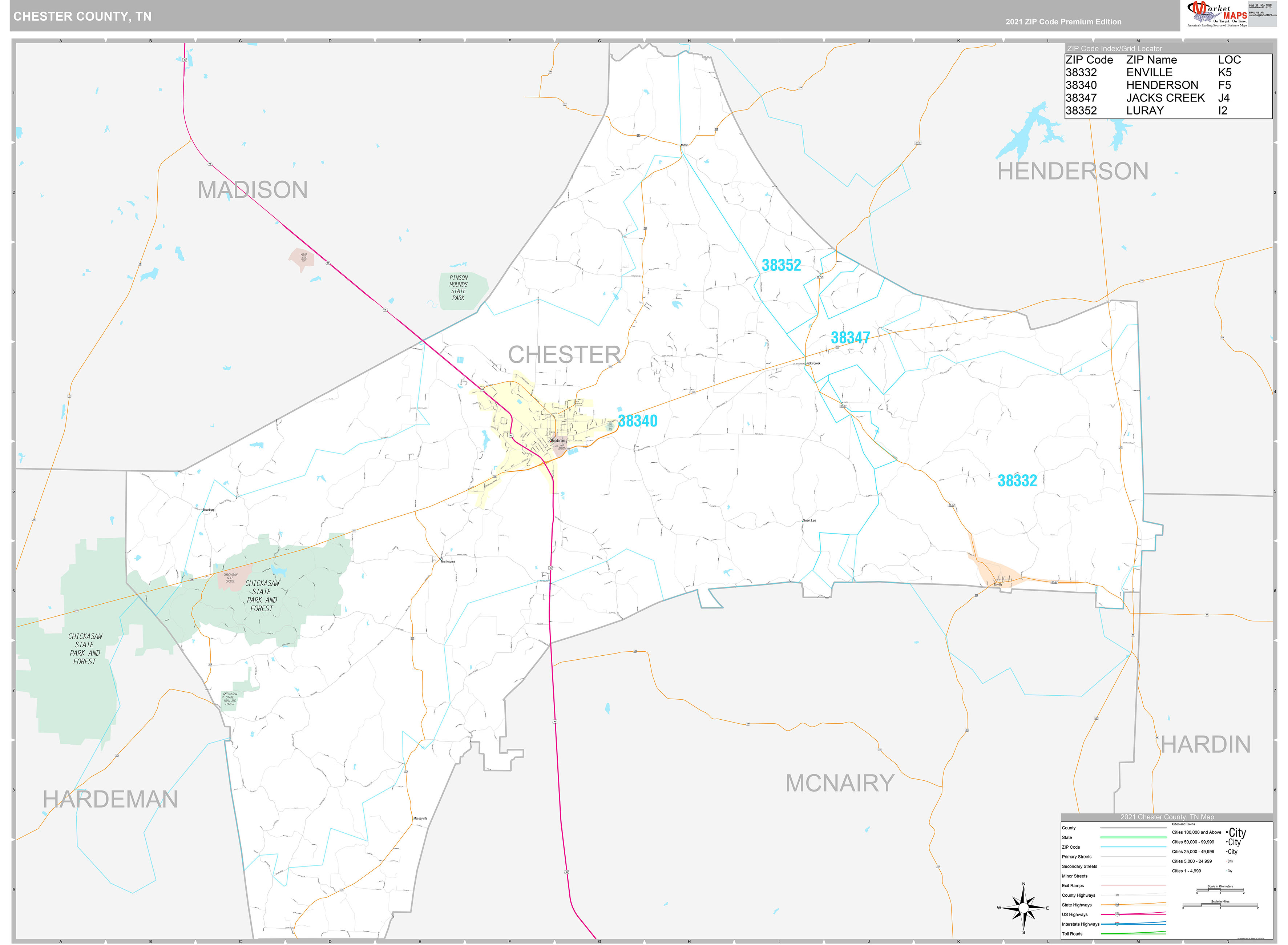 Chester County, TN Wall Map Premium Style by MarketMAPS