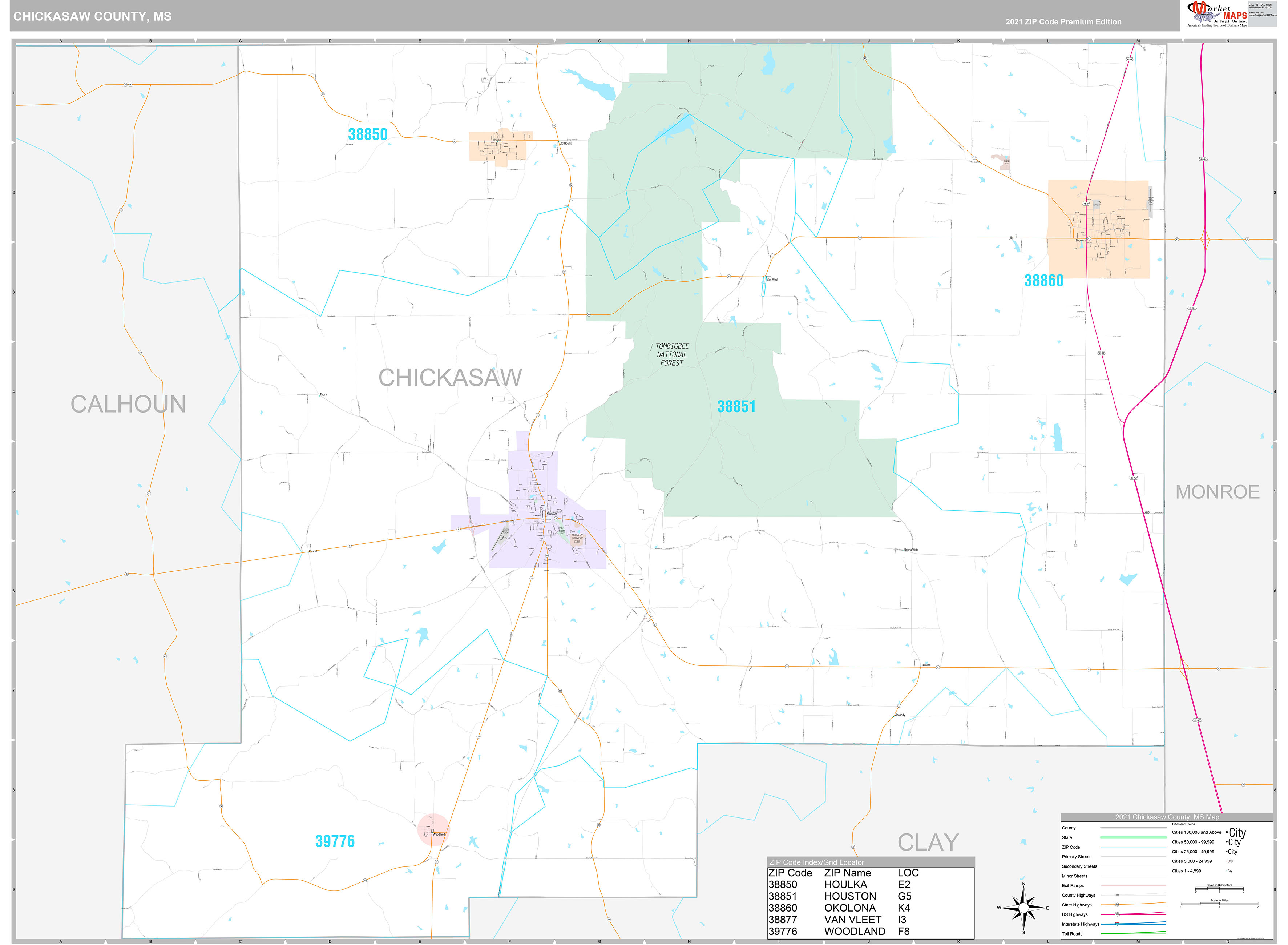 Chickasaw County, MS Wall Map Premium Style by MarketMAPS MapSales