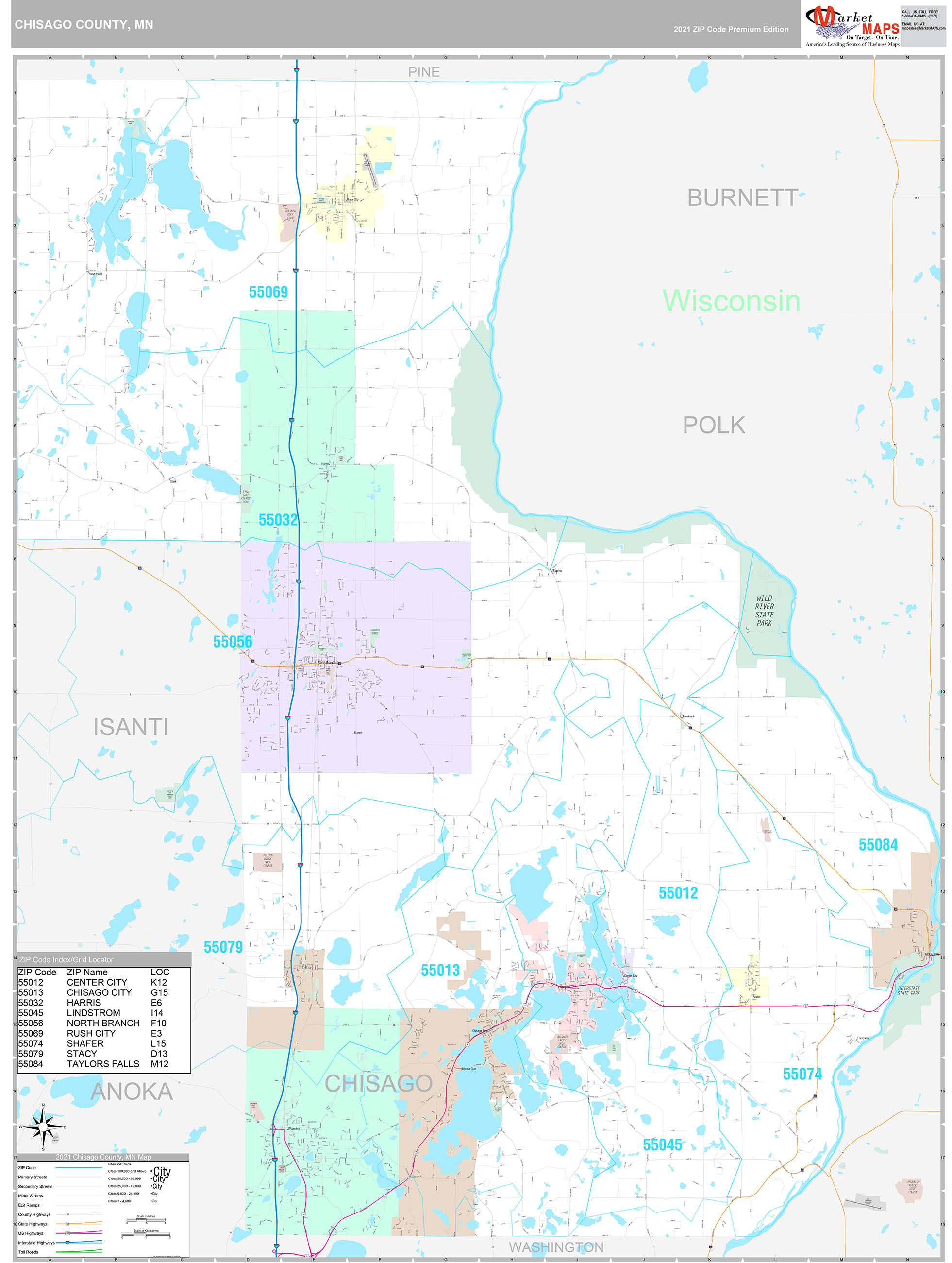 Chisago County, MN Wall Map Premium Style by MarketMAPS