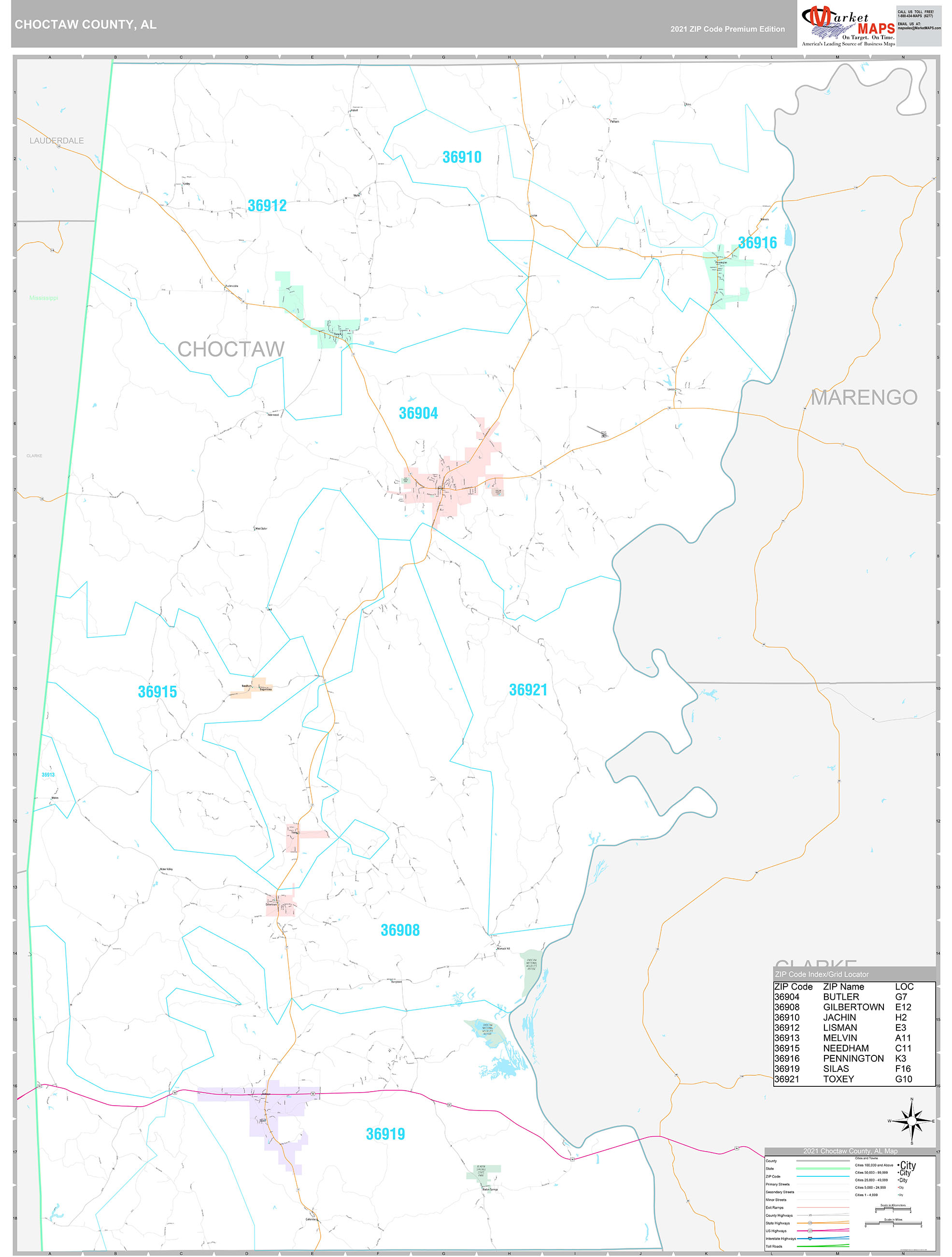 Choctaw County, AL Wall Map Premium Style by MarketMAPS MapSales