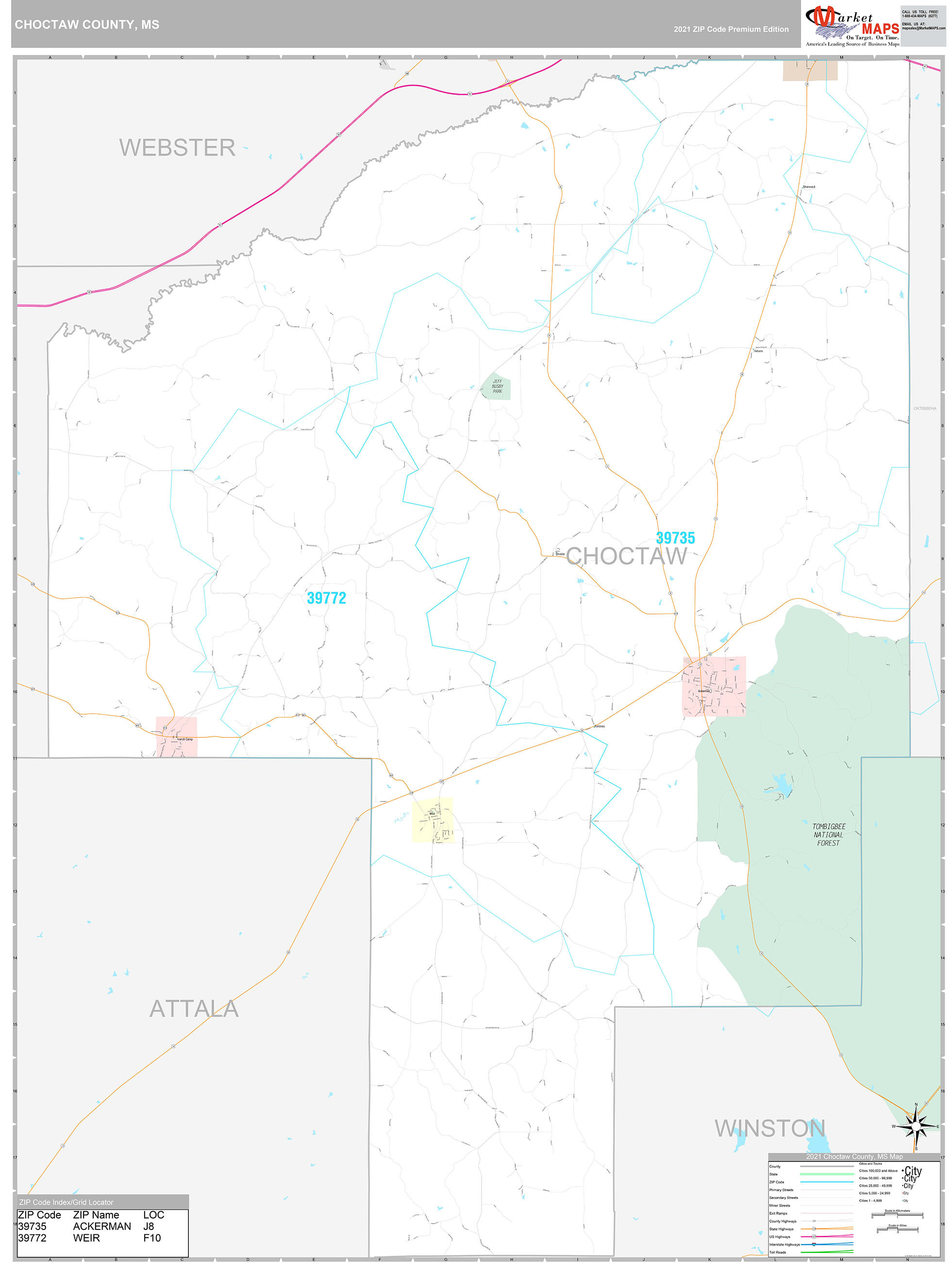 Choctaw County, MS Wall Map Premium Style by MarketMAPS