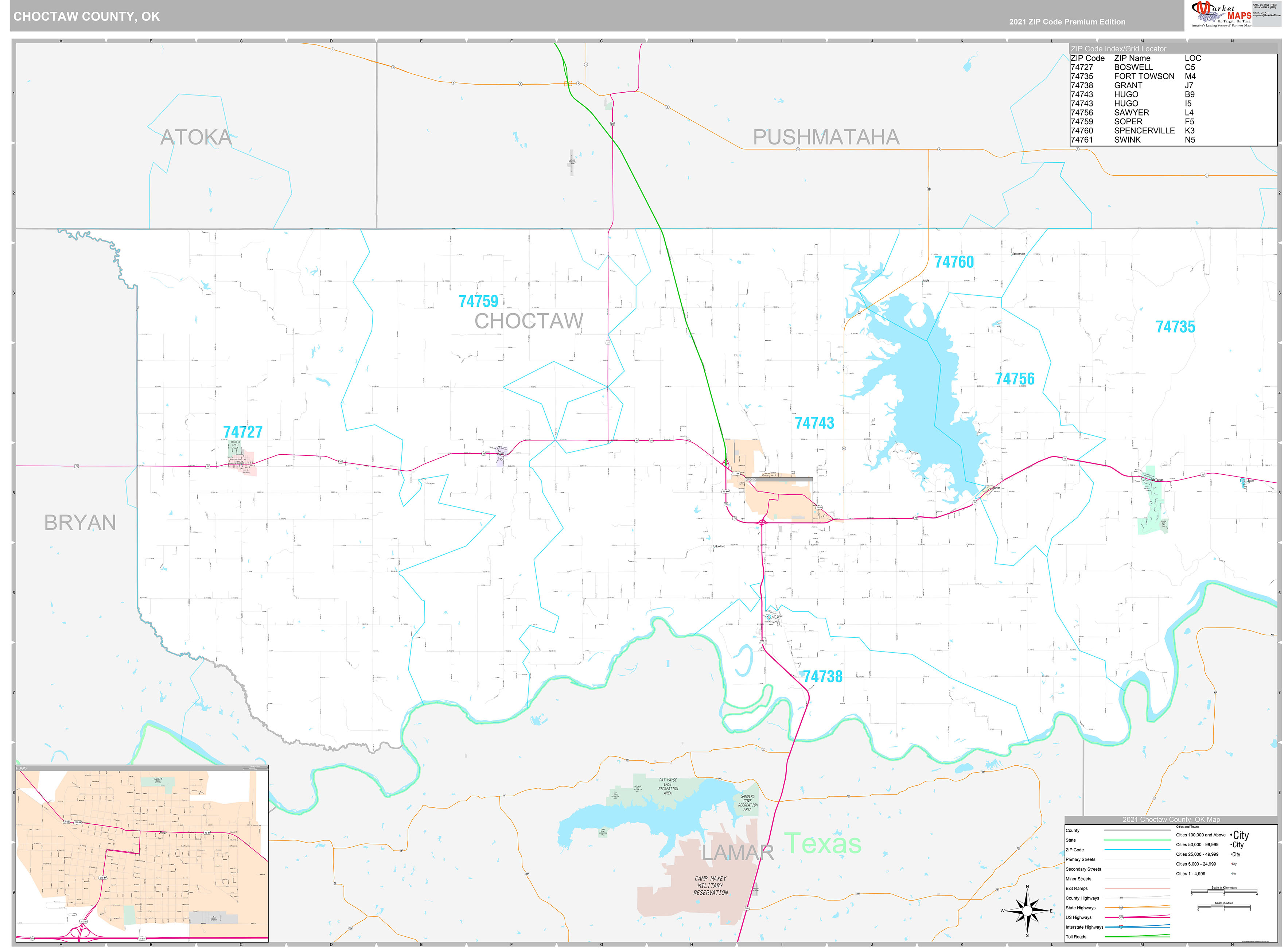 Choctaw County, OK Wall Map Premium Style by MarketMAPS