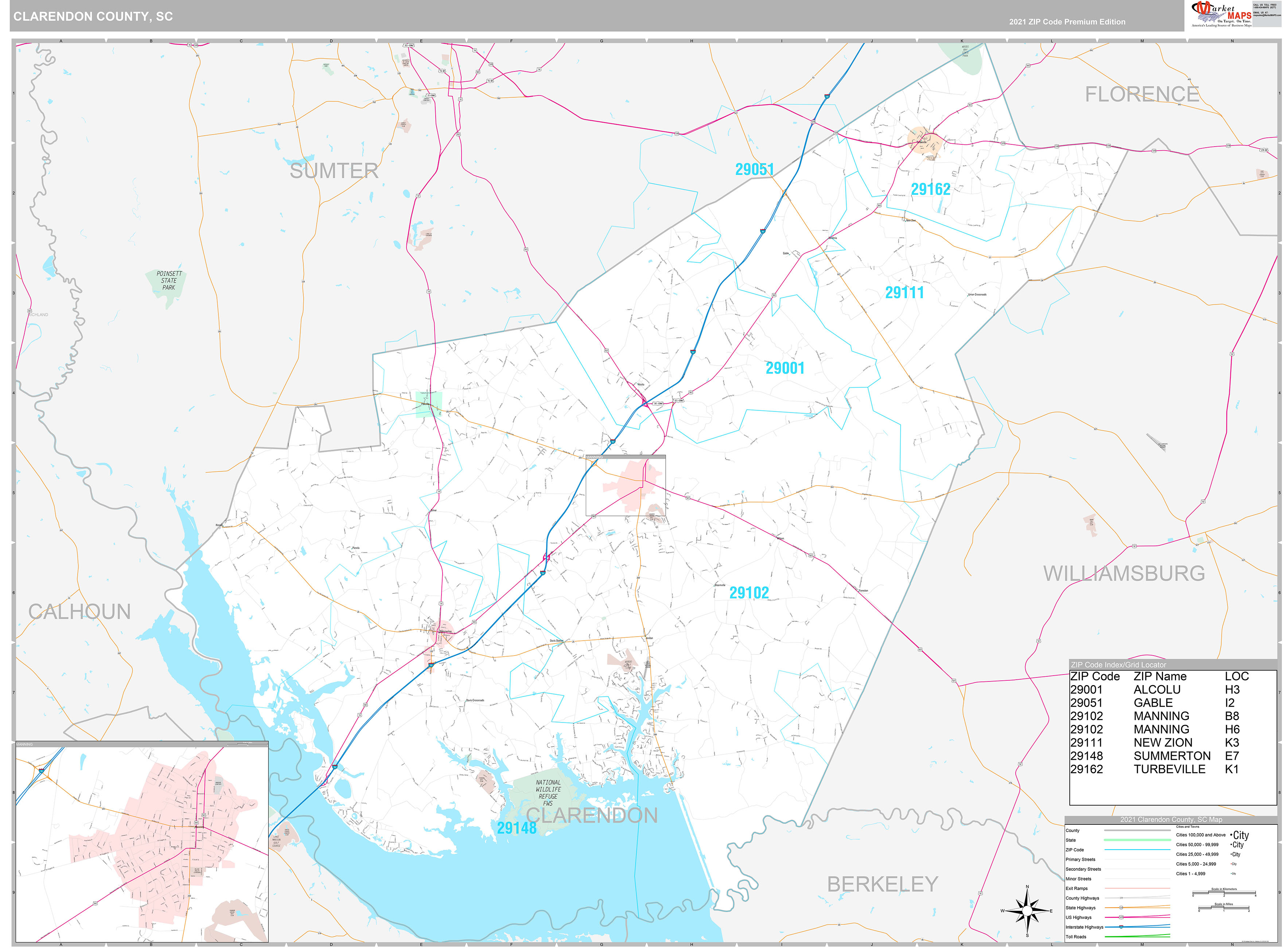 Clarendon County, SC Wall Map Premium Style by MarketMAPS MapSales