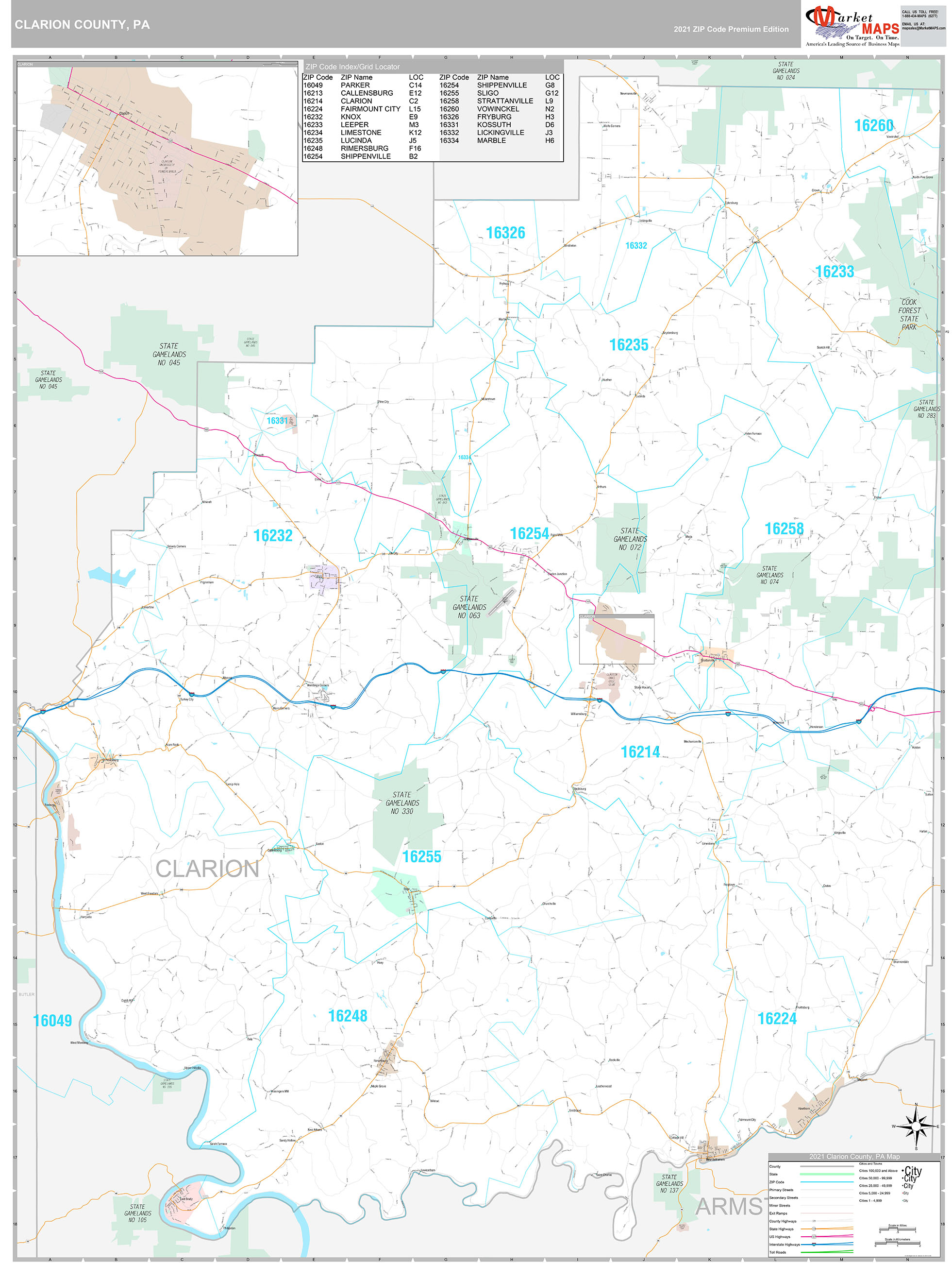 Clarion County, PA Wall Map Premium Style by MarketMAPS MapSales