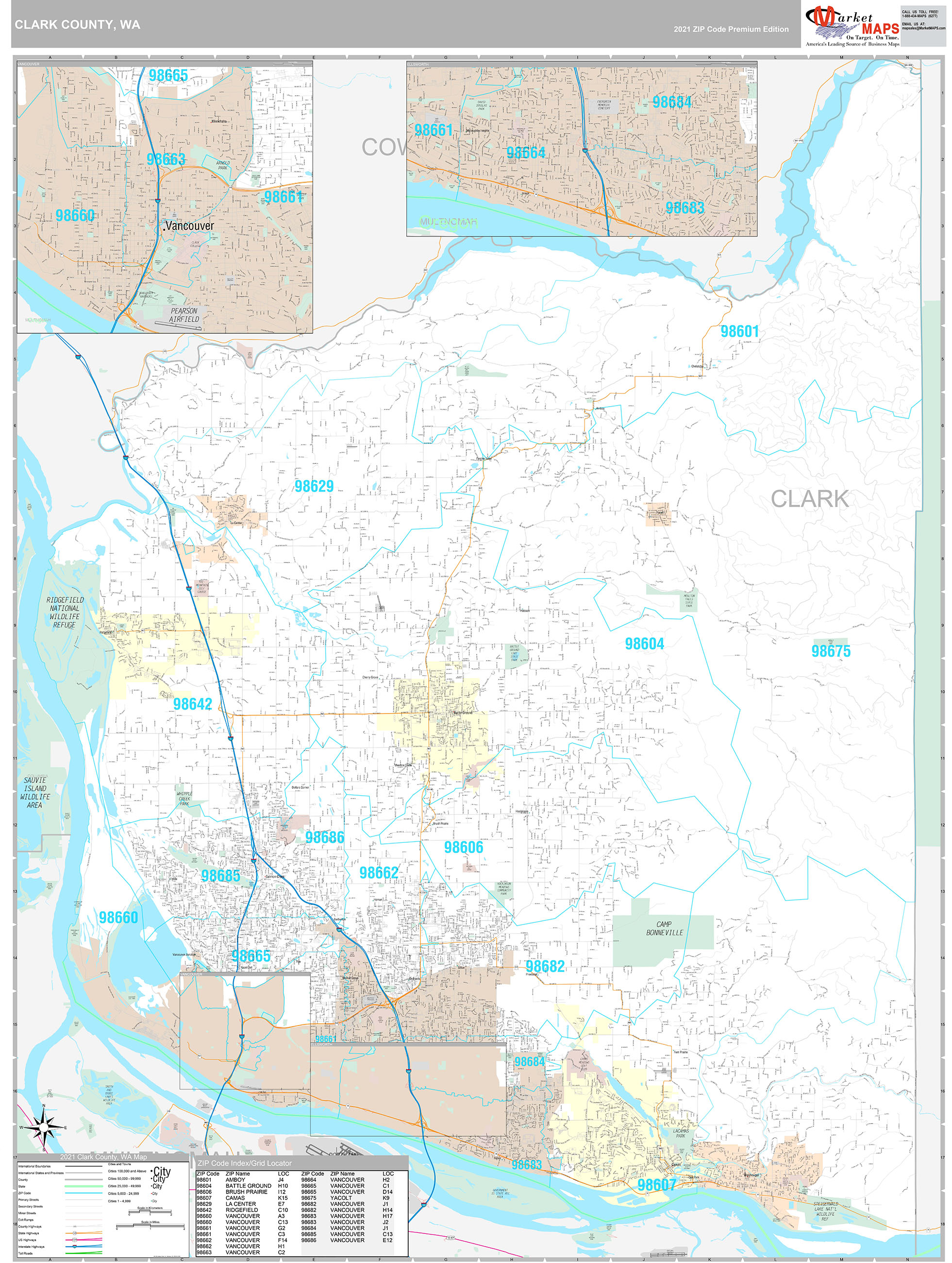 Clark County, WA Wall Map Premium Style by MarketMAPS MapSales