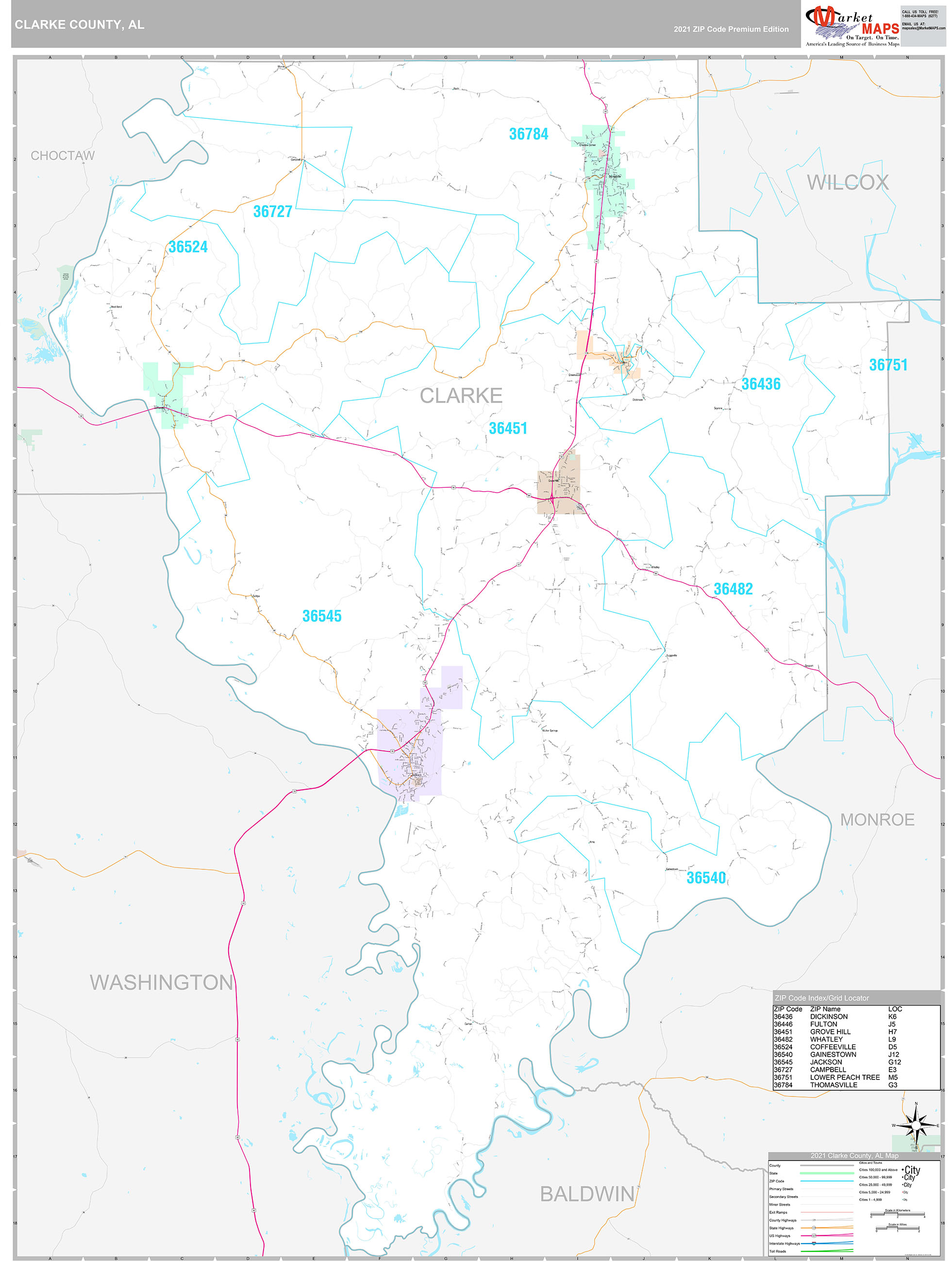 Clarke County, AL Wall Map Premium Style by MarketMAPS