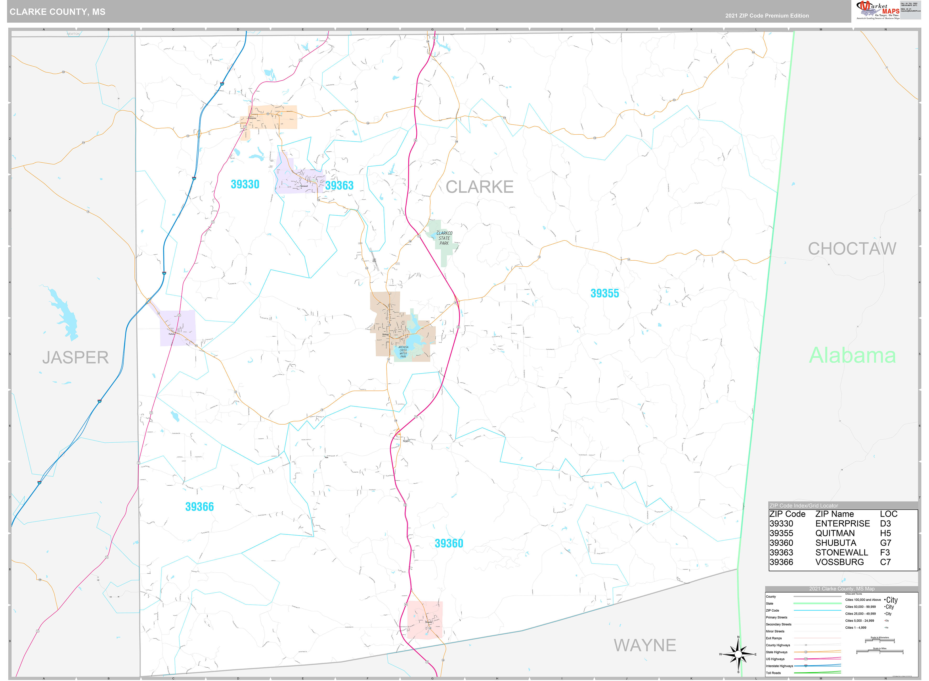 Clarke County, MS Wall Map Premium Style by MarketMAPS MapSales