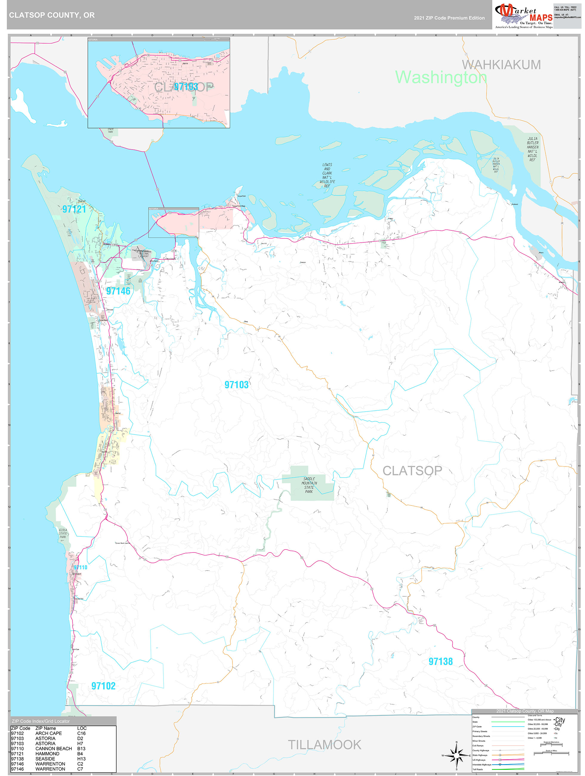 Clatsop County, OR Wall Map Premium Style by MarketMAPS