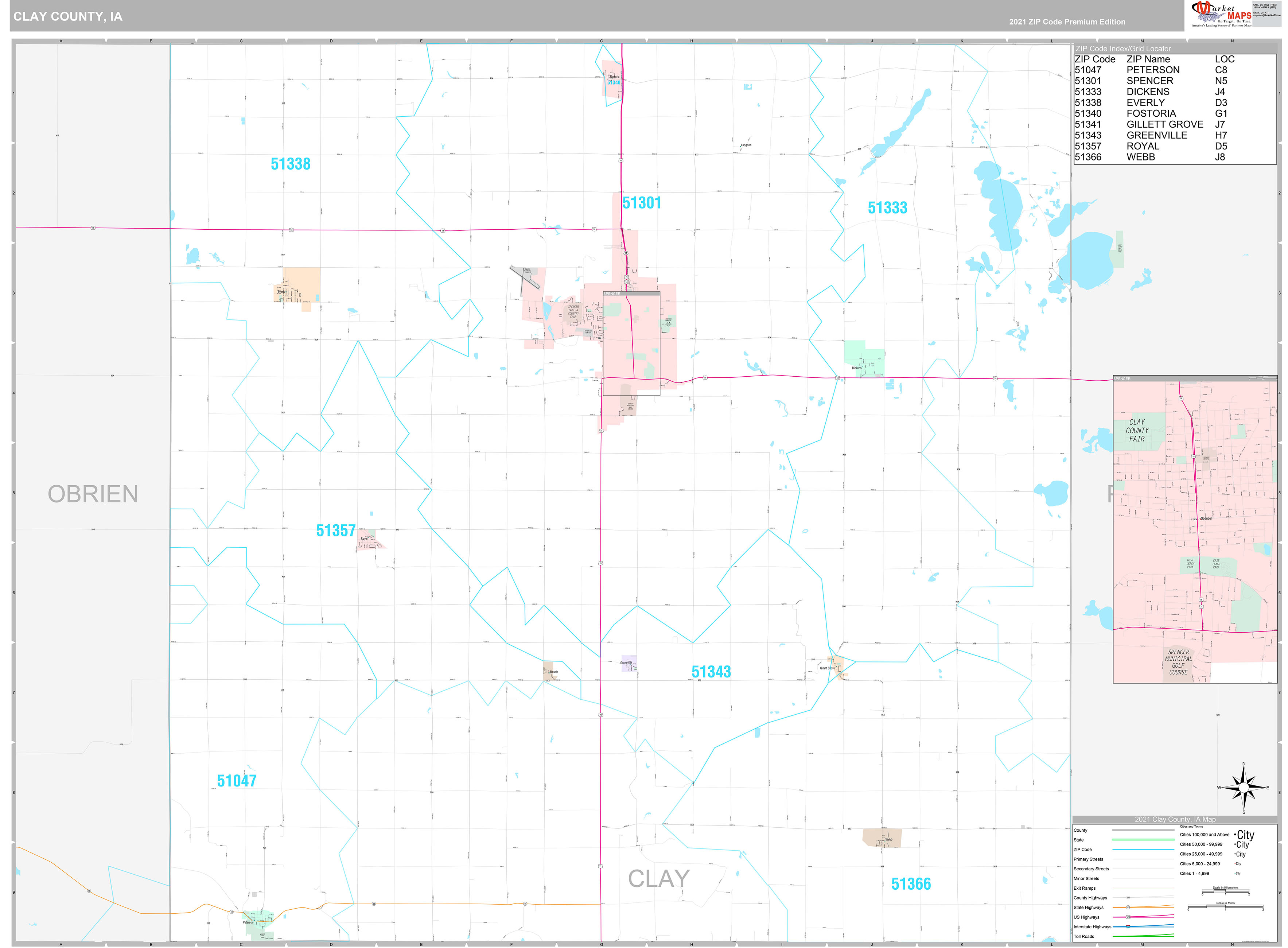 Clay County, IA Wall Map Premium Style by MarketMAPS