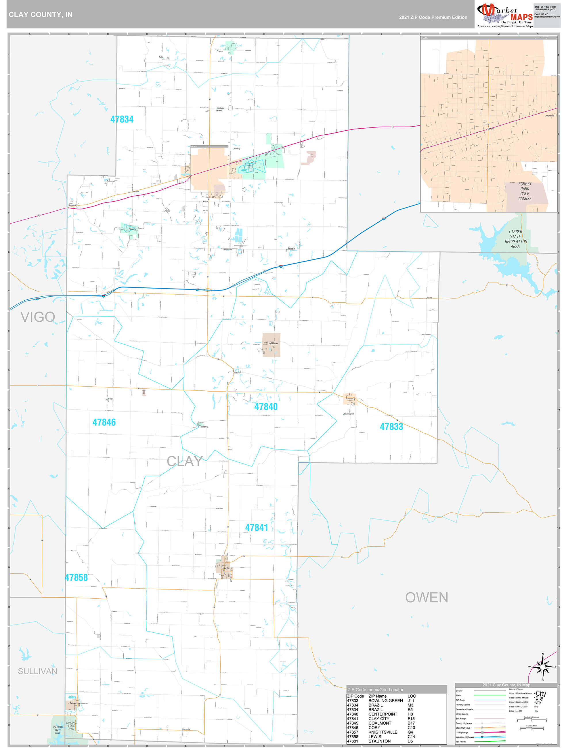 Clay County, IN Wall Map Premium Style by MarketMAPS